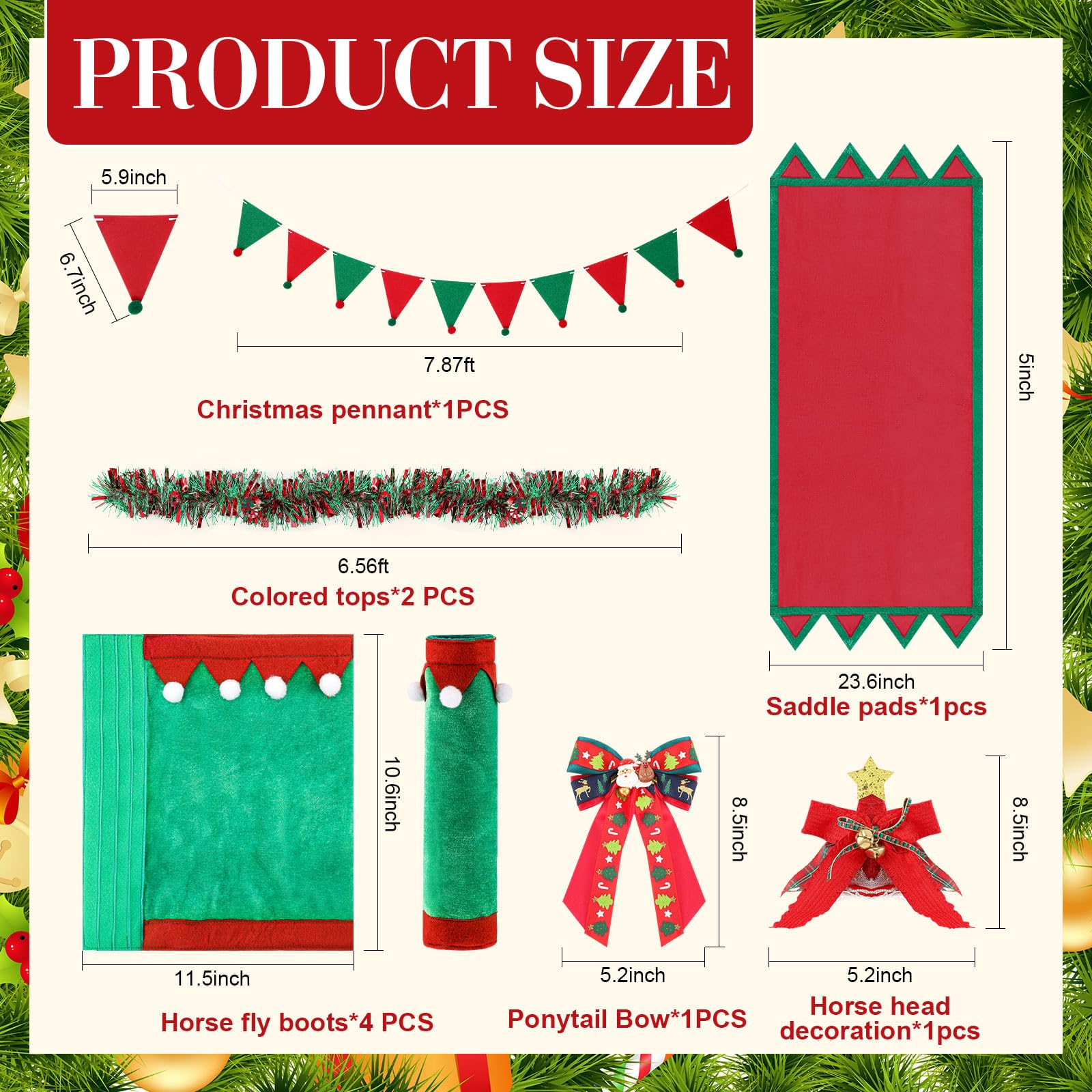 Cosblank 10 Pcs Christmas Horse Costume Accessories Horse Christmas Parade Costume Christmas Saddle Pad Horse Leg Wraps Horse Neck Garland Pennant Bow for Xmas Holiday Decor Party Parade Supplies