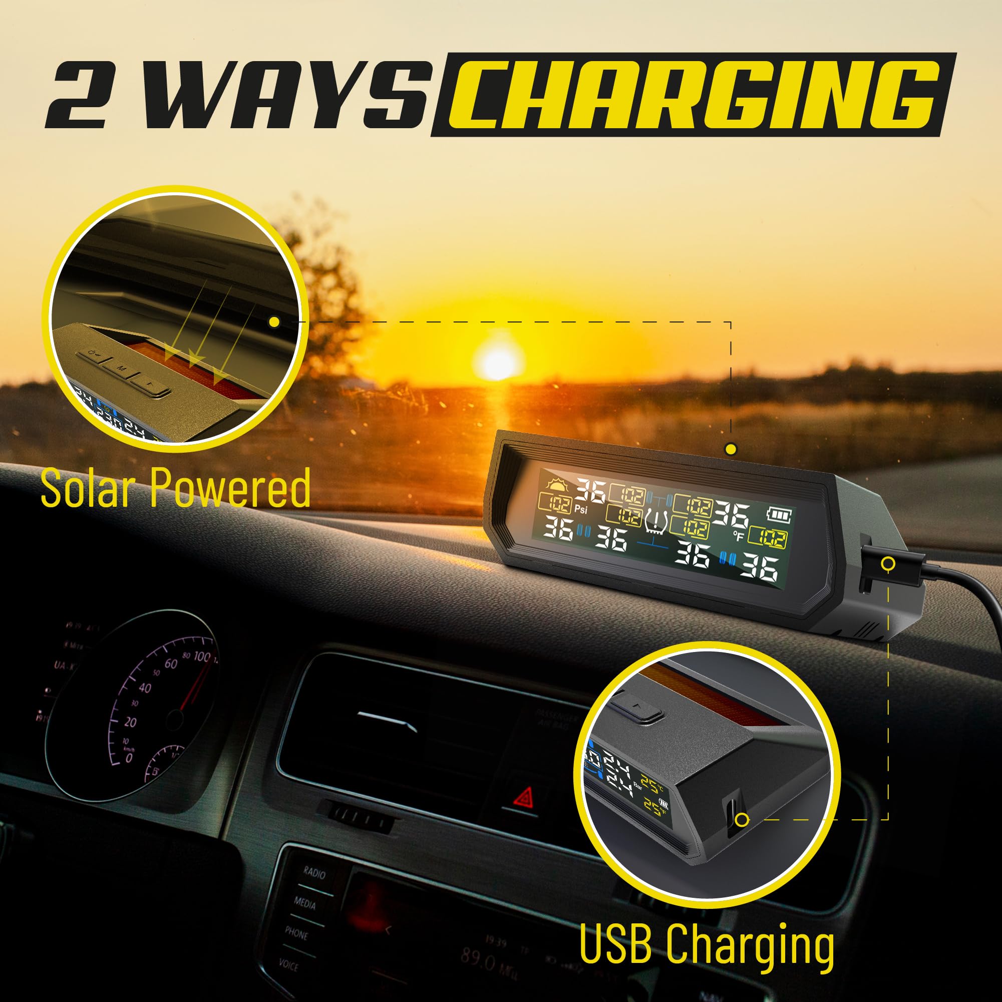 RV-Reifendruckkontrollsystem (TPMS) – 6 Sensoren, solarbetrieben, kabellos, Echtzeitüberwachung mit LCD-Display und Alarm, wasserdicht für Wohnmobil, Anhänger, Wohnmobil, Reifen, T026