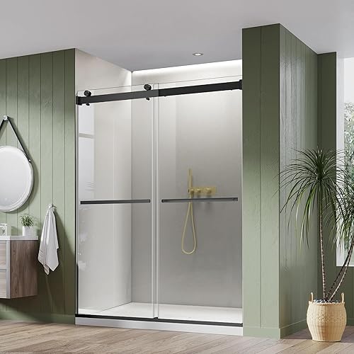 Miniatura 12 de Puerta corrediza de vidrio con bypass para ducha de bañera, 56"-60" de ancho x 58" de alto, puerta de vidrio sin marco para ducha de bañera
