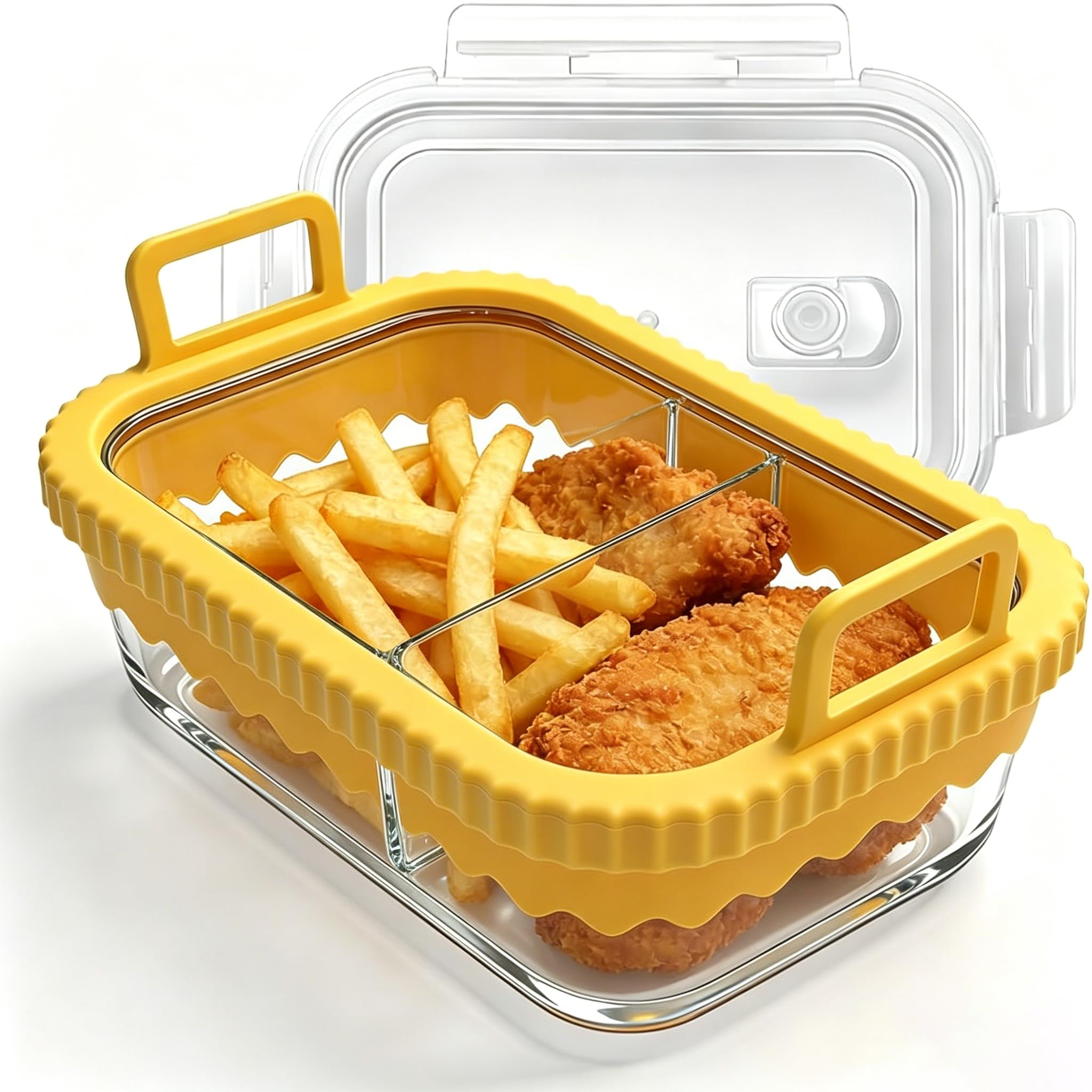 Auflaufform Airfryer, Glas Auflaufform Airfryer mit Silikongriffen für Ninja Heißluftfritteuse Zubehör AF400EU/DZ400EU/AF500EU/COSORI, Hitzebeständig, Kraztfest, Herausnehmbarer (yellow compartment)
