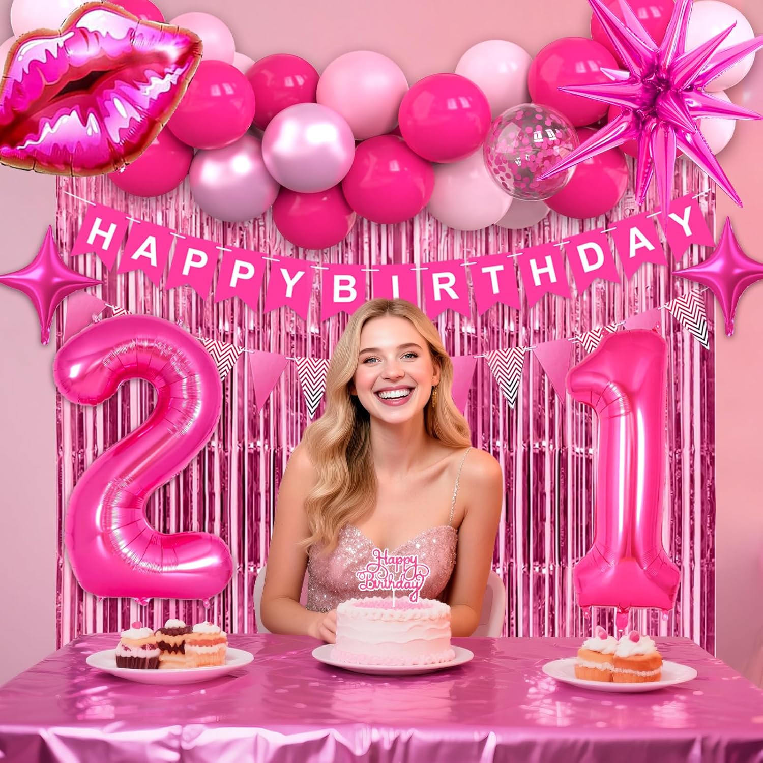 21st Pink Birthday Decorations, Hot Pink Birthday Party Decorations for Women, Happy 21st Birthday Party Supplies with Banner, Number Foil Balloon, Cake Topper, Fringe Curtain, Star Foil Balloons - Image 4