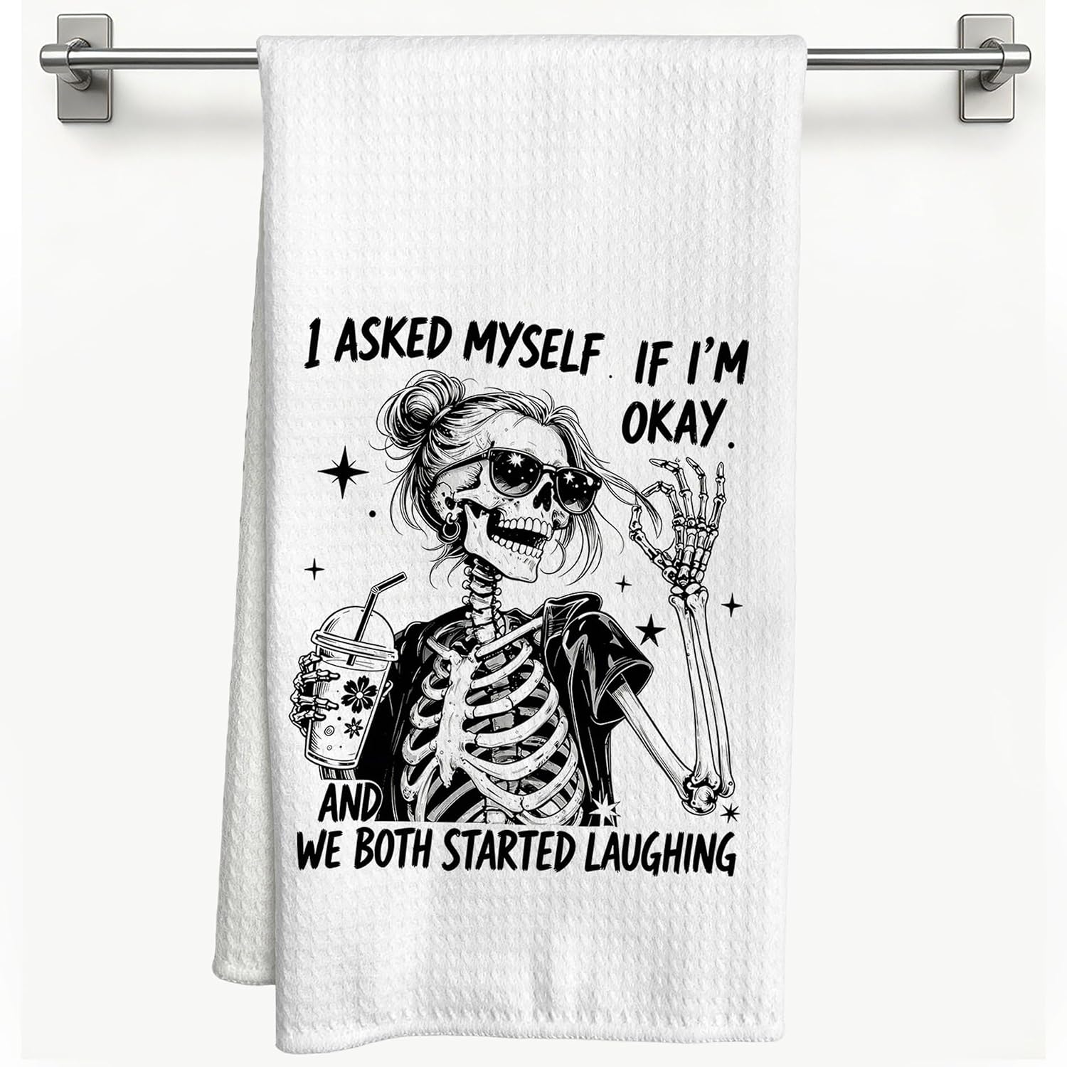Funny Mental Health Skeleton Kitchen Towels, Gothic Skull Sarcastic Decorative Hand Towels for Bathroom, I Asked Myself If I'm Okay Dish Tea Towel for Kitchen, 16x24 Inch