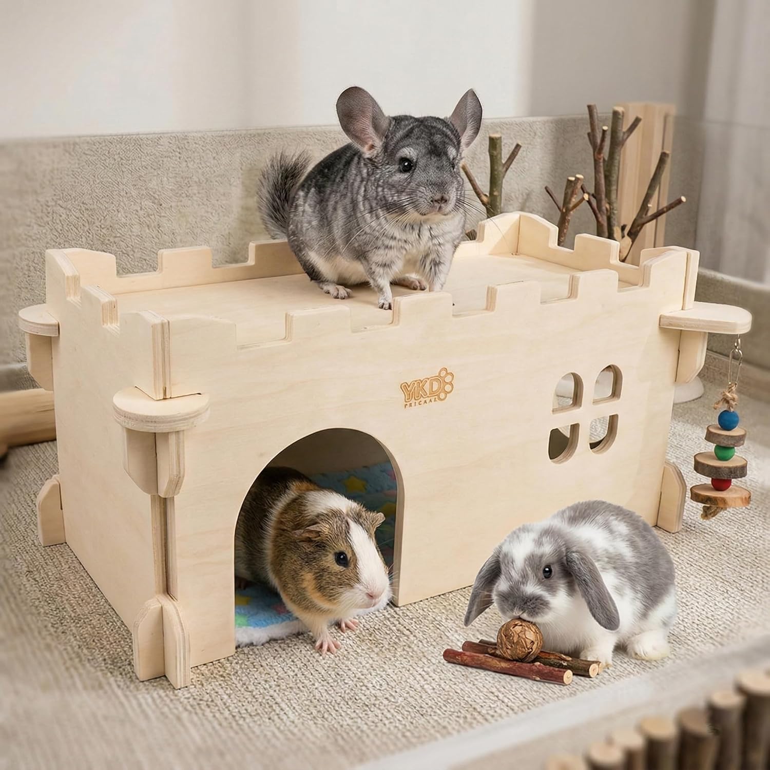 Castle Chinchilla House, Small Animal Hideout for Chinchilla, Guinea Pig, Hedgehog, or Rat, Ventilated Wooden Guinea Pig Hut Habitat with Multiple Doors (Large)