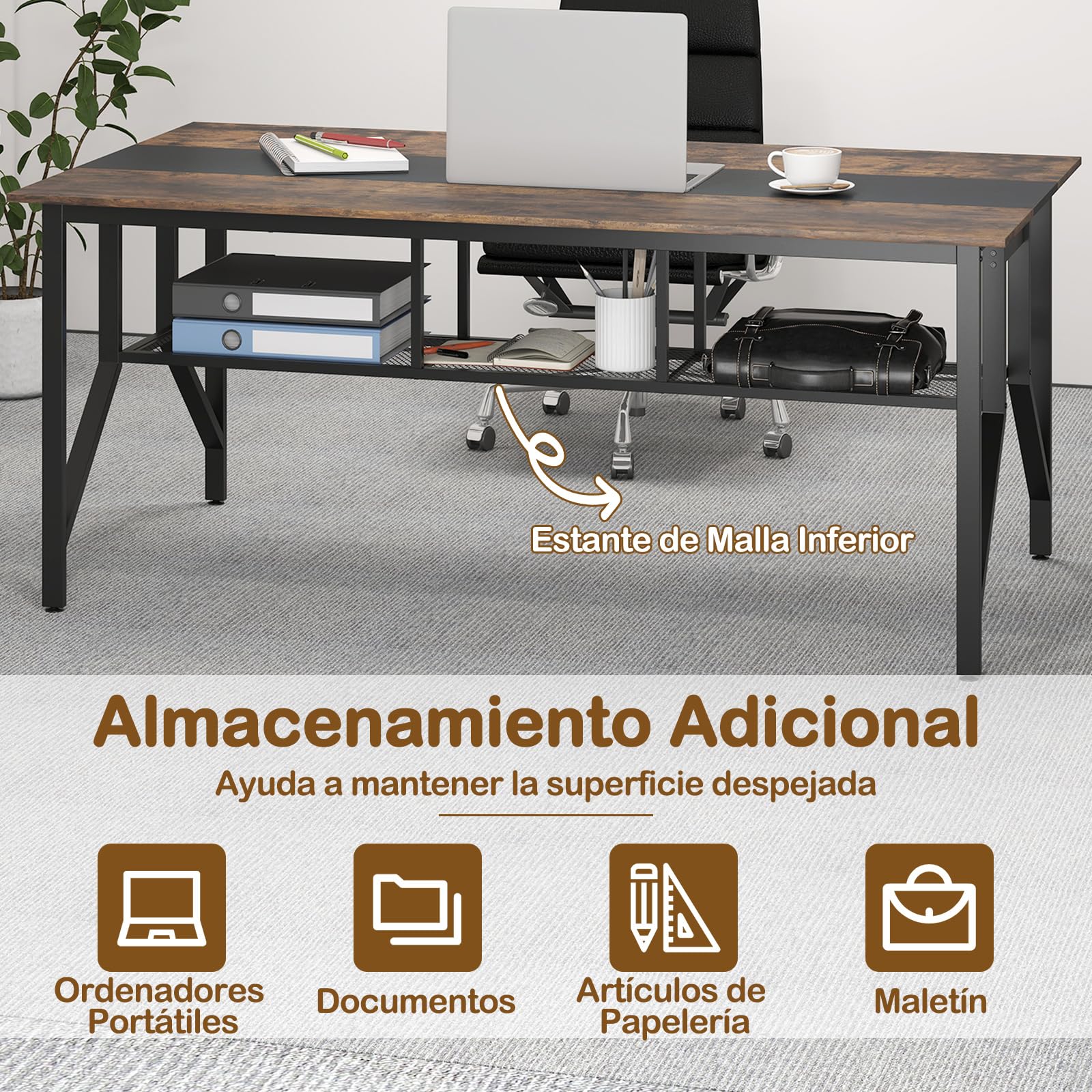 GYMAX Mesa de Conferencias, Mesa de Reuniones Industrial para 6-8 Personas con Estante de Almacenamiento, Caja de Gestión de Cables, Escritorio Rectangular para Oficina Sala, 180 x 96 x 76 cm