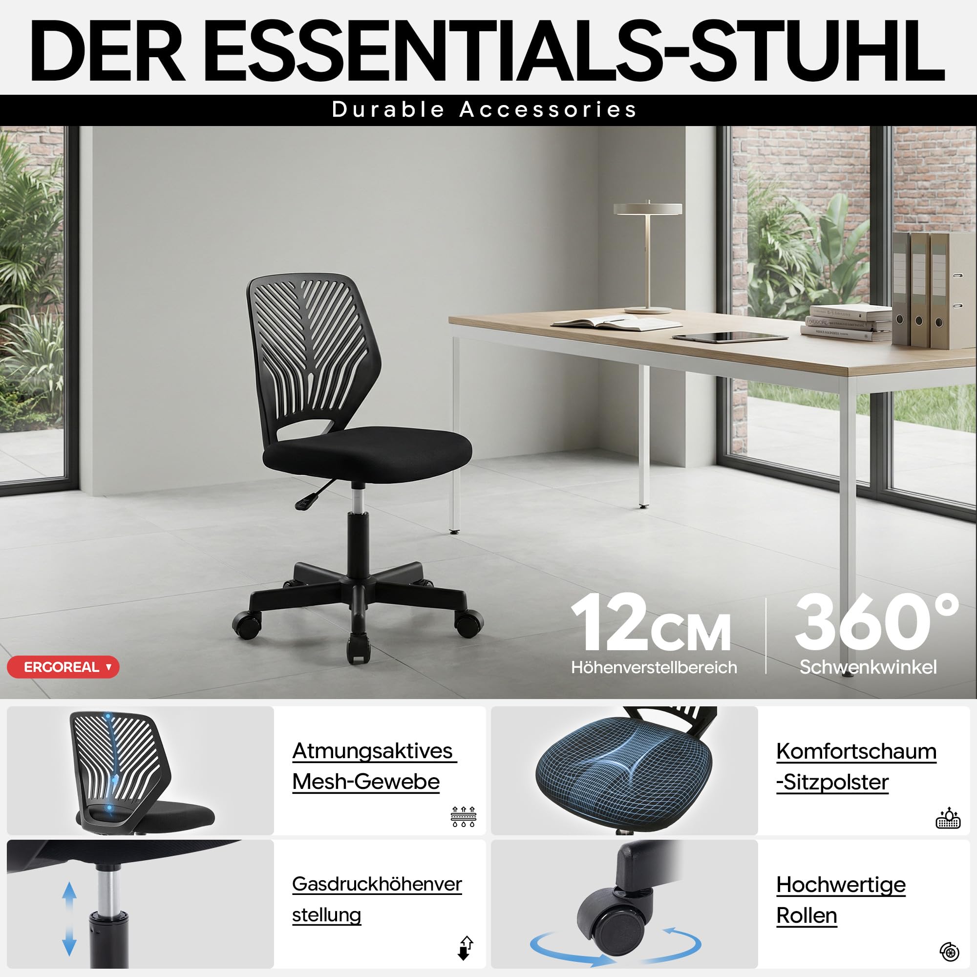 Ergonomischer Bürostuhl ohne Armlehne, Bürostuhl mit Rollen & Höhenverstellung, Bürostuhl Cozy mit Ergonomischer Rückenlehne,Homeoffice/Arbeitszimmer/Studienzimmer (Tiefe Schwarz)