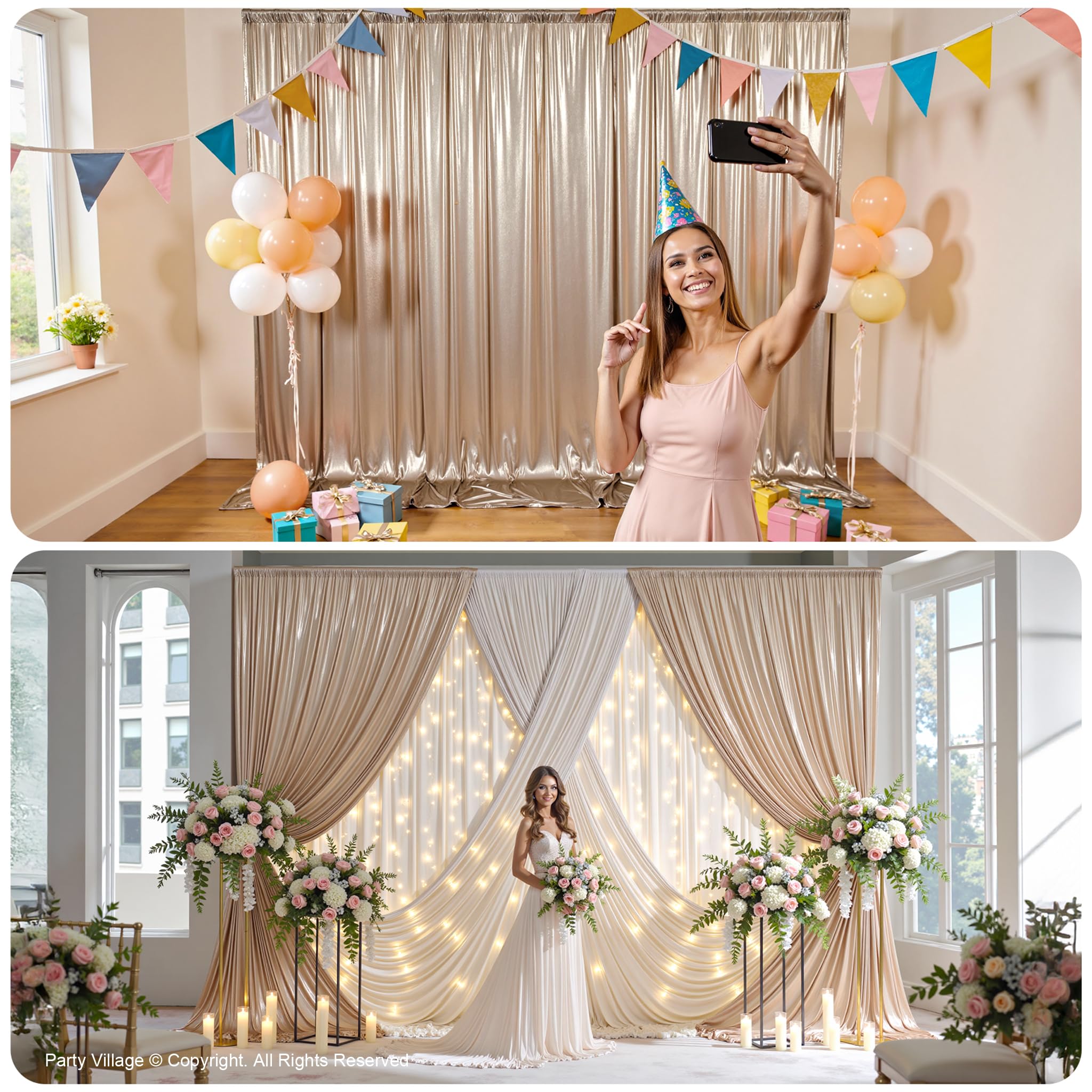 3 x 3 m, tenda con glitter champagne oro – 2 pezzi, 1,5 x 3 m, sfondo con paillettes senza pieghe, tende in tessuto decorativo luccicante per matrimoni, compleanni, servizi fotografici, festa di