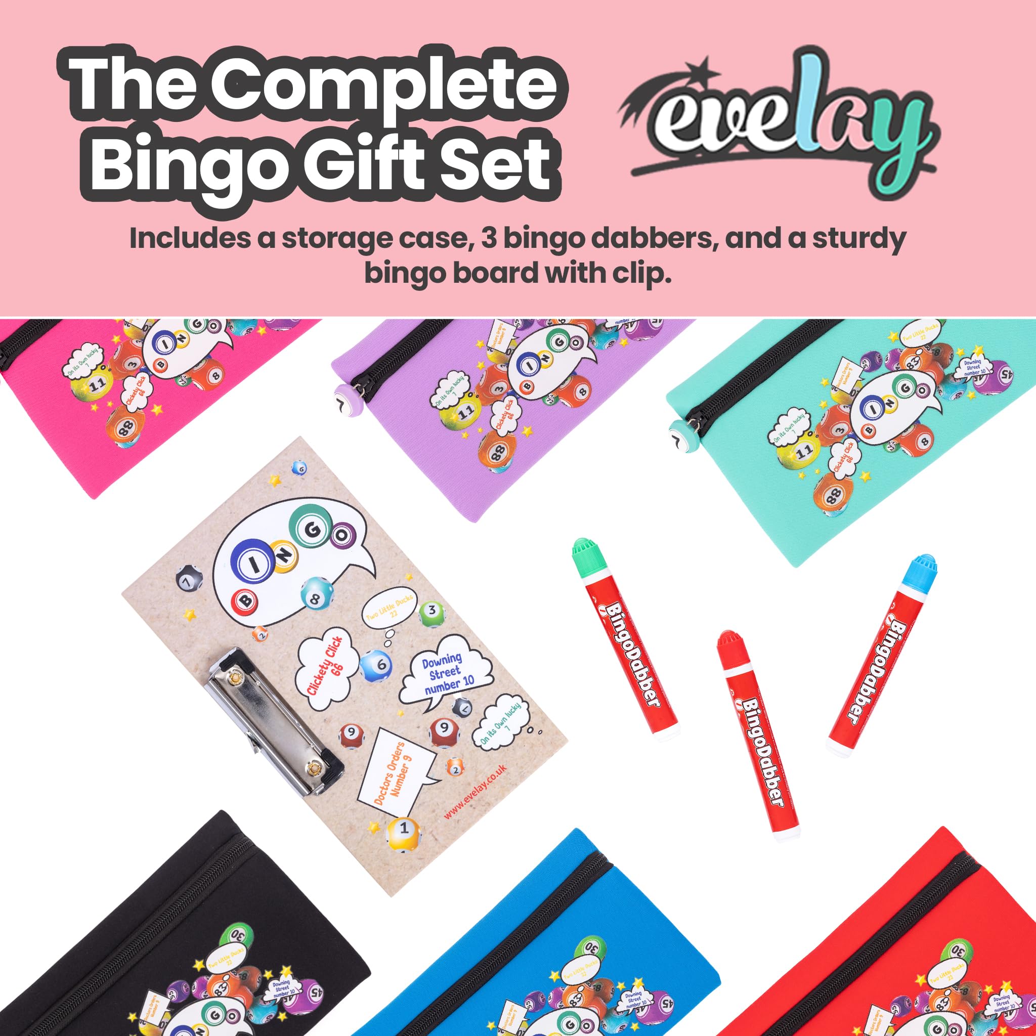 evelay Coffret cadeau pour bingo Dabber | 3 dabbers de bingo | 1 planche de bingo avec clip | Sac de rangement avec numéro porte-bonheur à fermeture éclair | Encre anti-goutte | 6 options de couleur