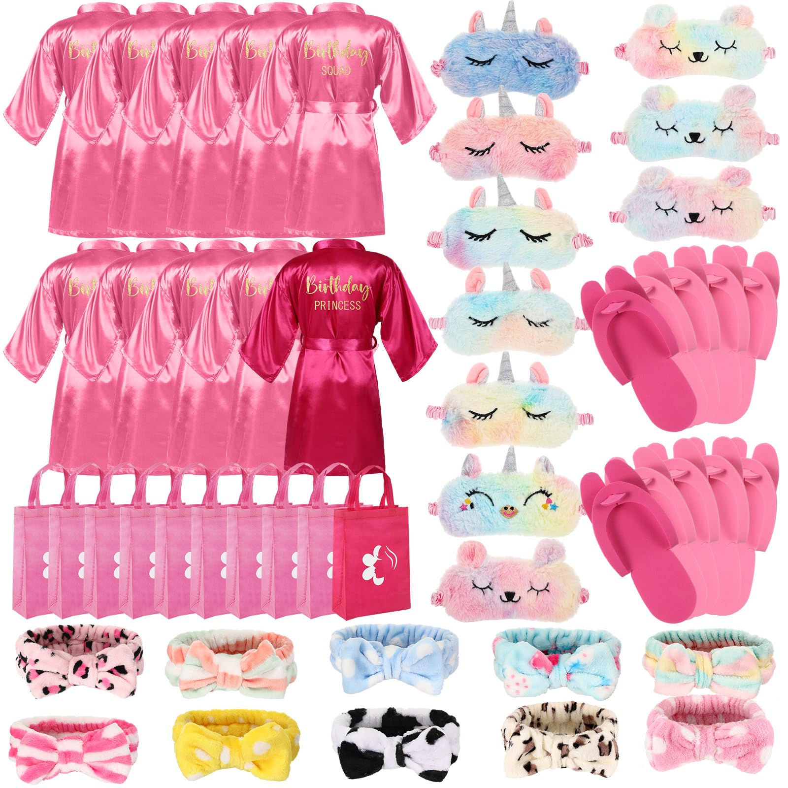 Bonuci 50 Pcs Spa Party Supplies for Girls, 10 Satin Robe 10 Kids Slippers Sleepover Birthday Spa Party Favors
