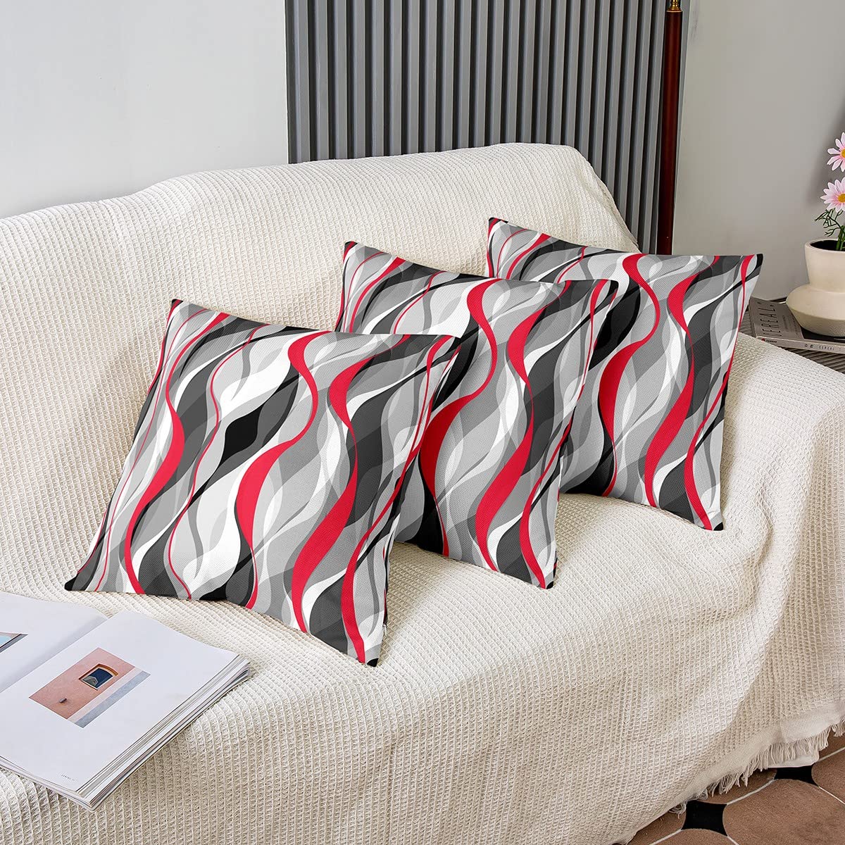 Loussiesd Red Grey Black Stripes Reversible Throw Pillow Covers Kids Geometric Pillow Covers Home Decor for Square Cushion Covers Set of 2 Modern Striped Art Abstract Art 22x22 Inch - Image 4
