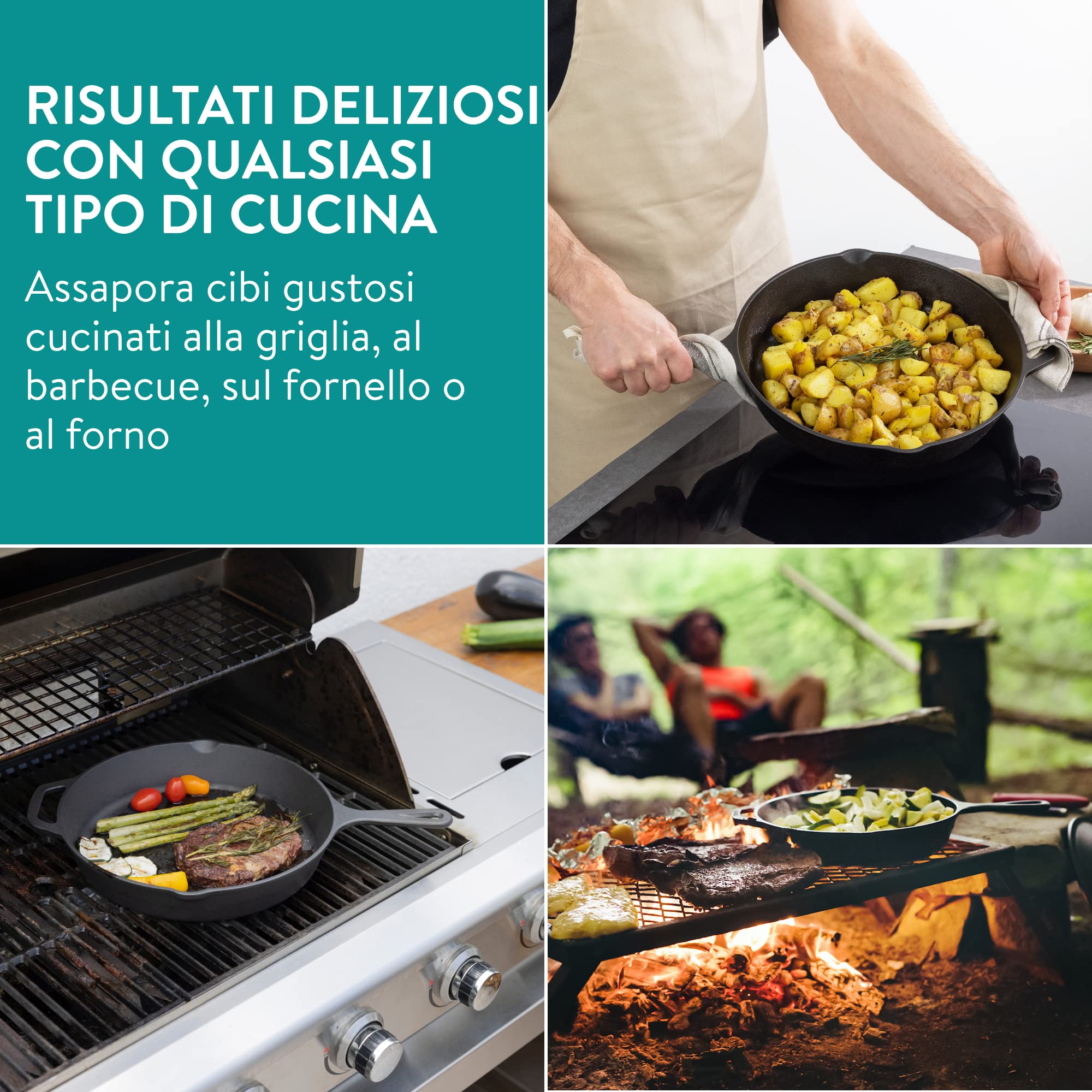Navaris Padella in Ghisa Induzione - Cast Iron Pan per Gas Forno e BBQ - Bistecchiera Ghisa Ø 30 cm con Manico Laterale 13 cm - Piastra Pretrattata e Pronta all'Uso