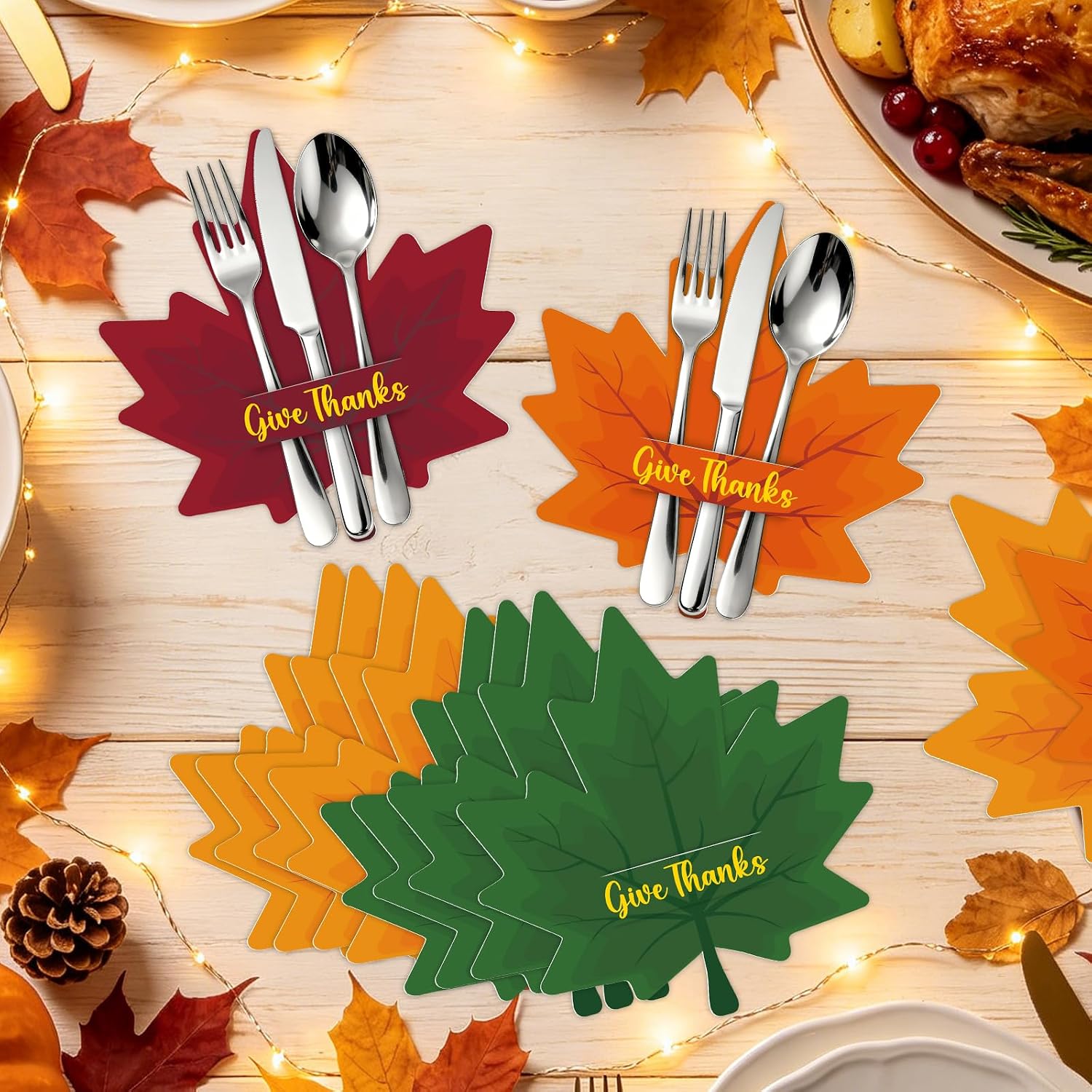 36 Pcs Thanksgiving Cutlery Holder Fall Maple Leaves Paper Silverware Utensil Holder Thanksgiving Dinner Table Decor Set for Autumn Harvest Party Supplies