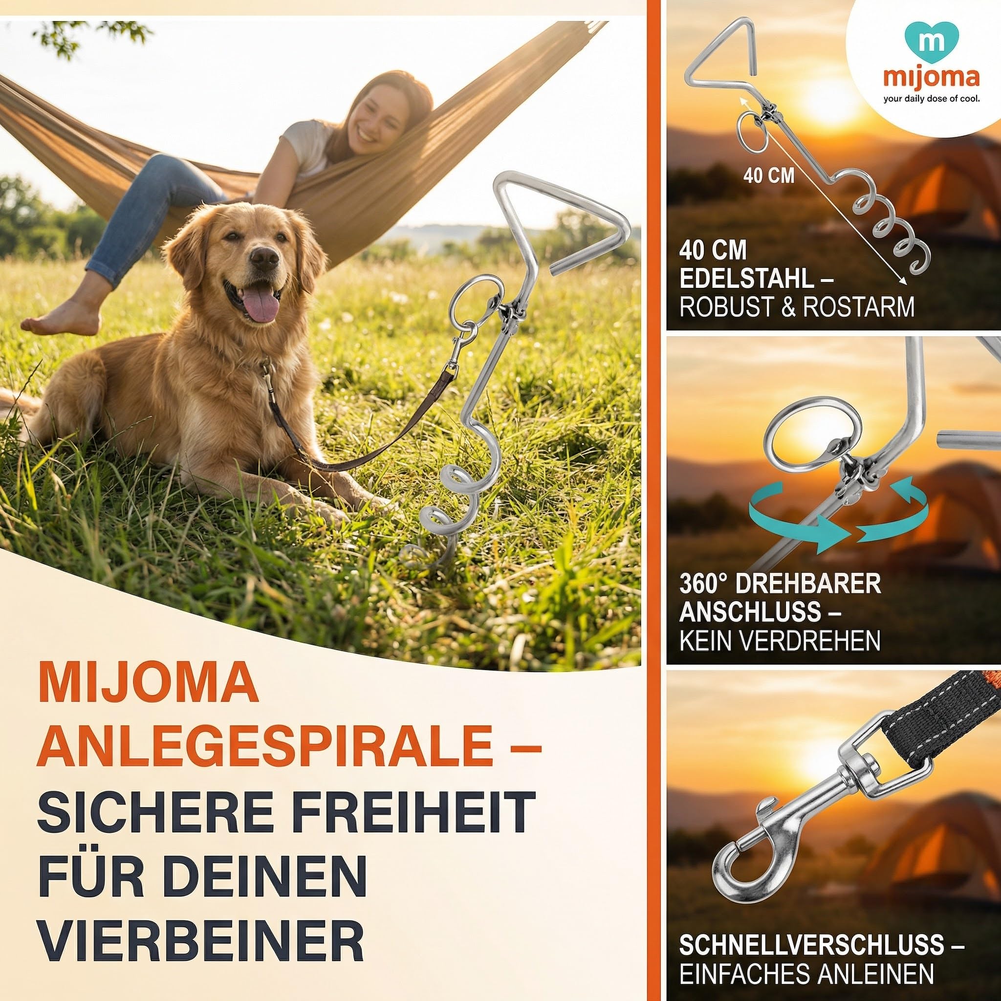 MIJOMA Spirale d'insertion pour chien - Ancrage rotatif avec mousqueton - Acier inoxydable - Ancrage au sol - Jardin Camping