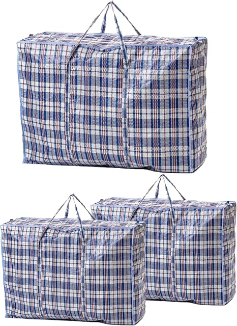Extra Large Laundry Storage Checkered Shopping Bags 3 Pack, (60 x50 x25 cm) Strong and Durable Waterproof Moving Totes Carrying Bag With Zipper, Cloth Storage Handle Attached Reusable Luggage Bags