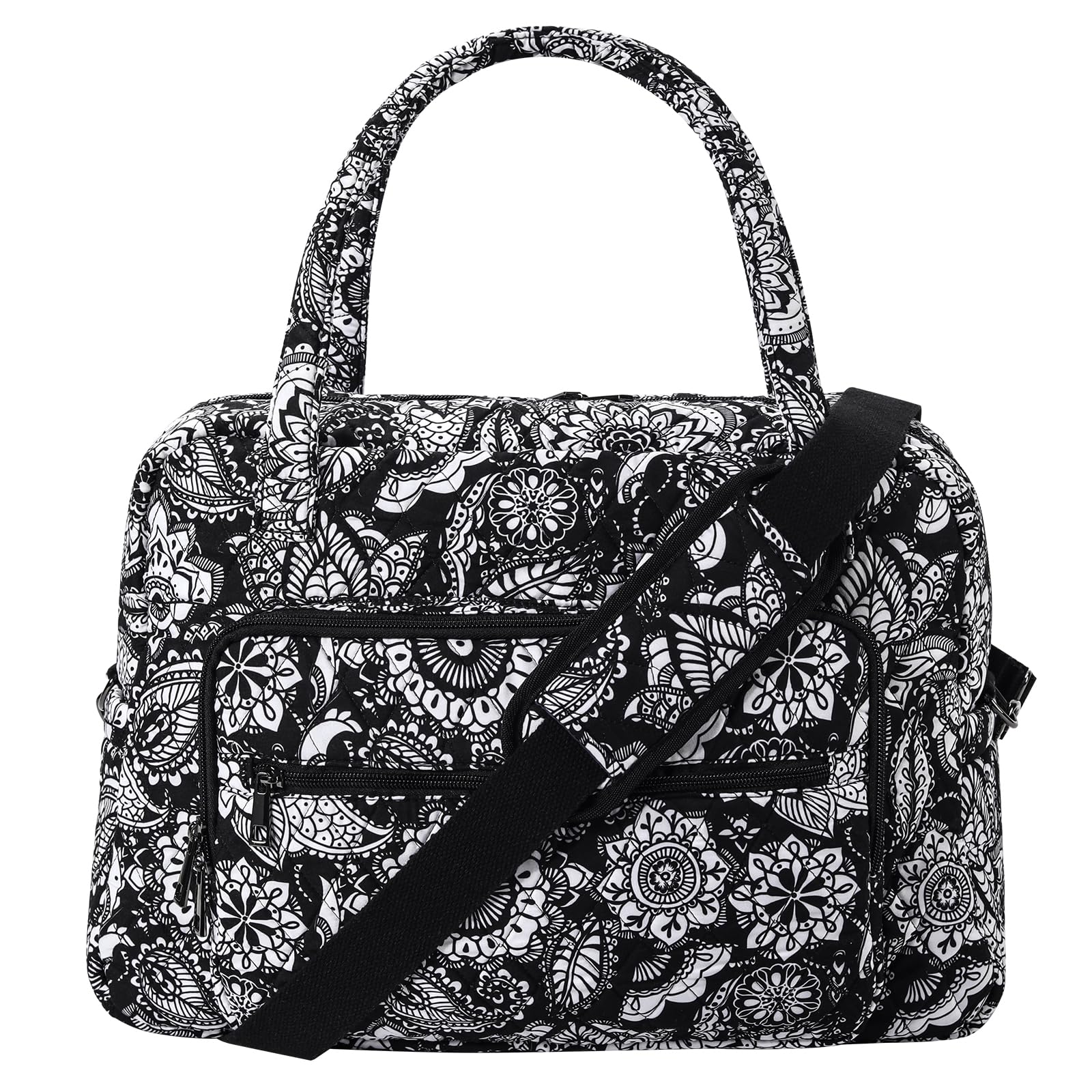 Searock Women's Weekender Bag Cotton Carry On Overnight Travel Duffle Bag Lightweight with Plenty of Pockets-Black/White