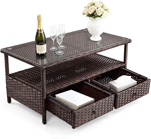 Miniatura 7 de VINGLI Mesa de centro de mimbre para exteriores con 2 cajones y parte superior de vidrio templado, mesa de centro de patio al aire libre para Con