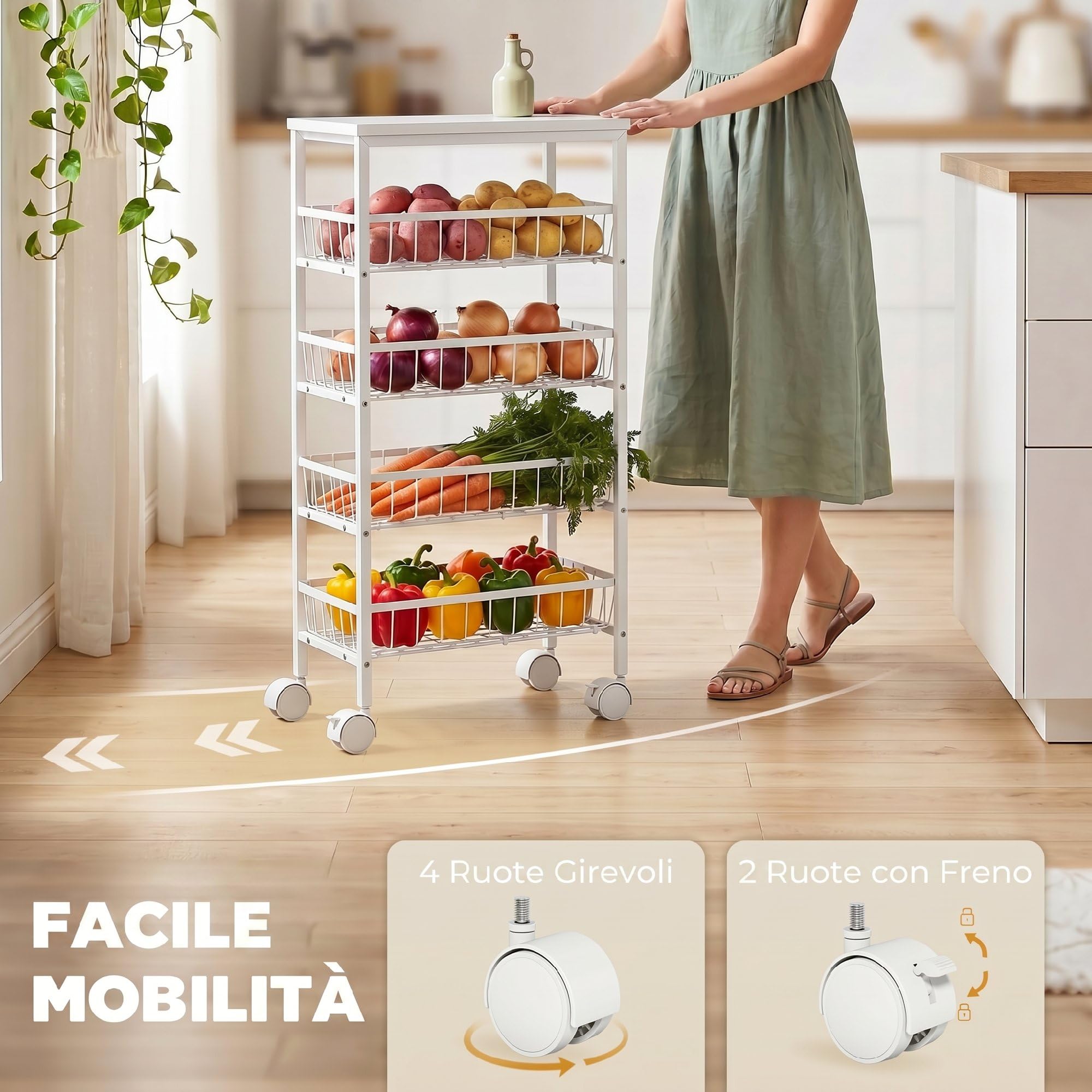 HOMCOM Carrello Cucina 4 Cestelli Estraibili in Metallo 40x24x82 cm Bianco