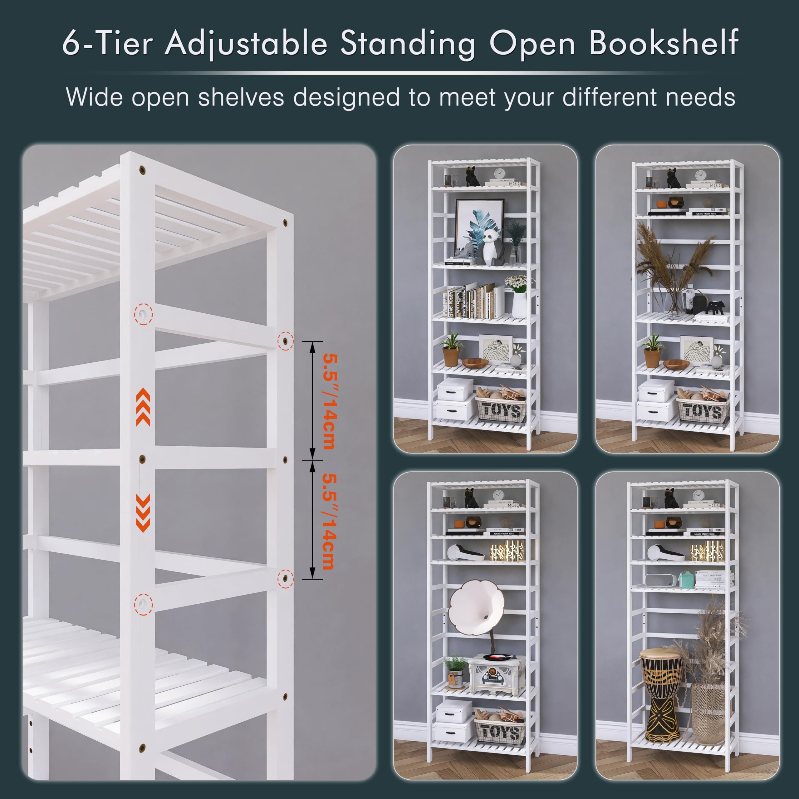 HITNET Scaffale a 6 Ripiani, libreria in bambù con ripiani regolabili, grande organizzatore indipendente per la cucina, espositore per piante, bianco