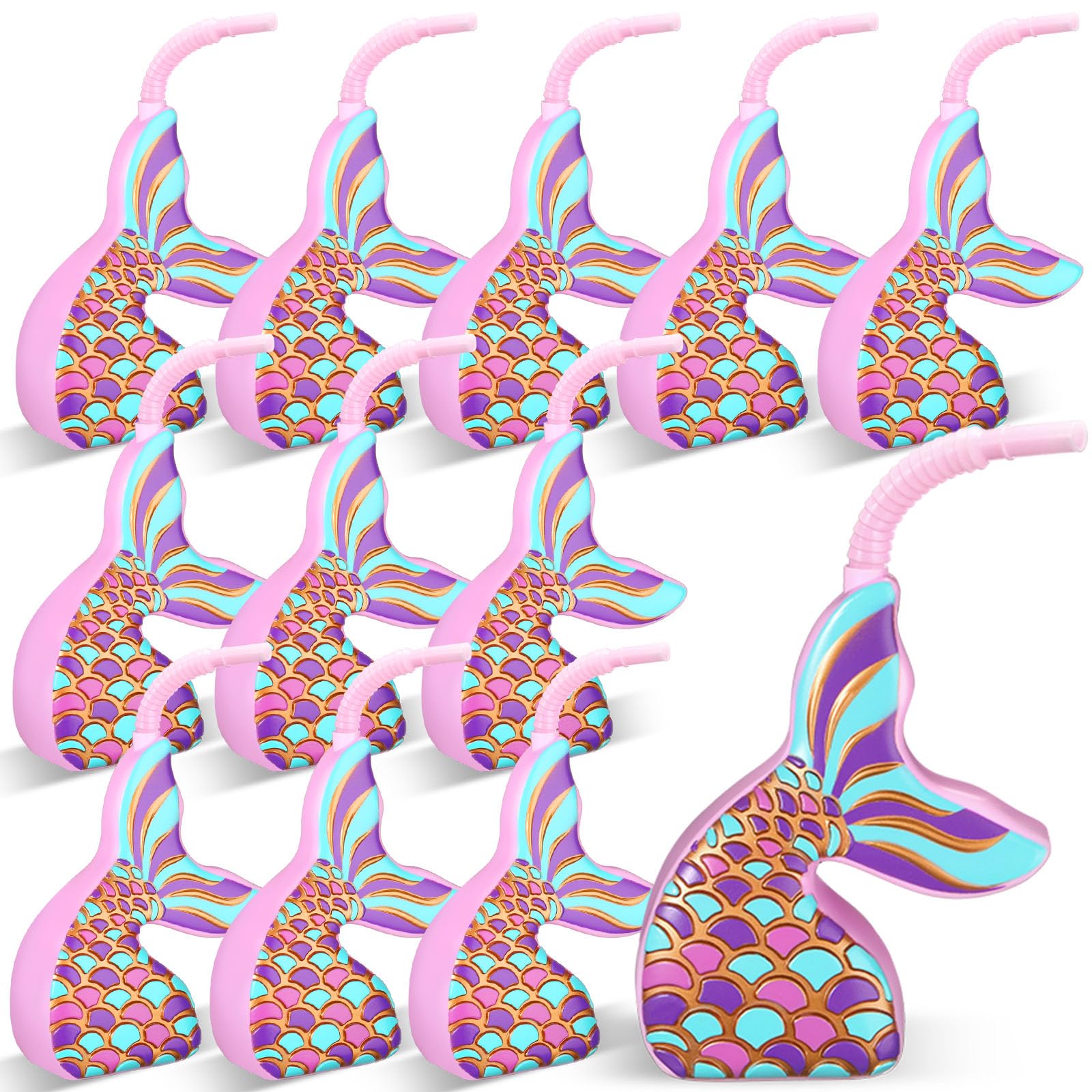 Tanlade Mermaid Cups with Straws 10 oz Plastic Mermaid Drink Cup Reusable Ocean Party Favors for Birthday Baby Shower Party Favors(12 Pcs)