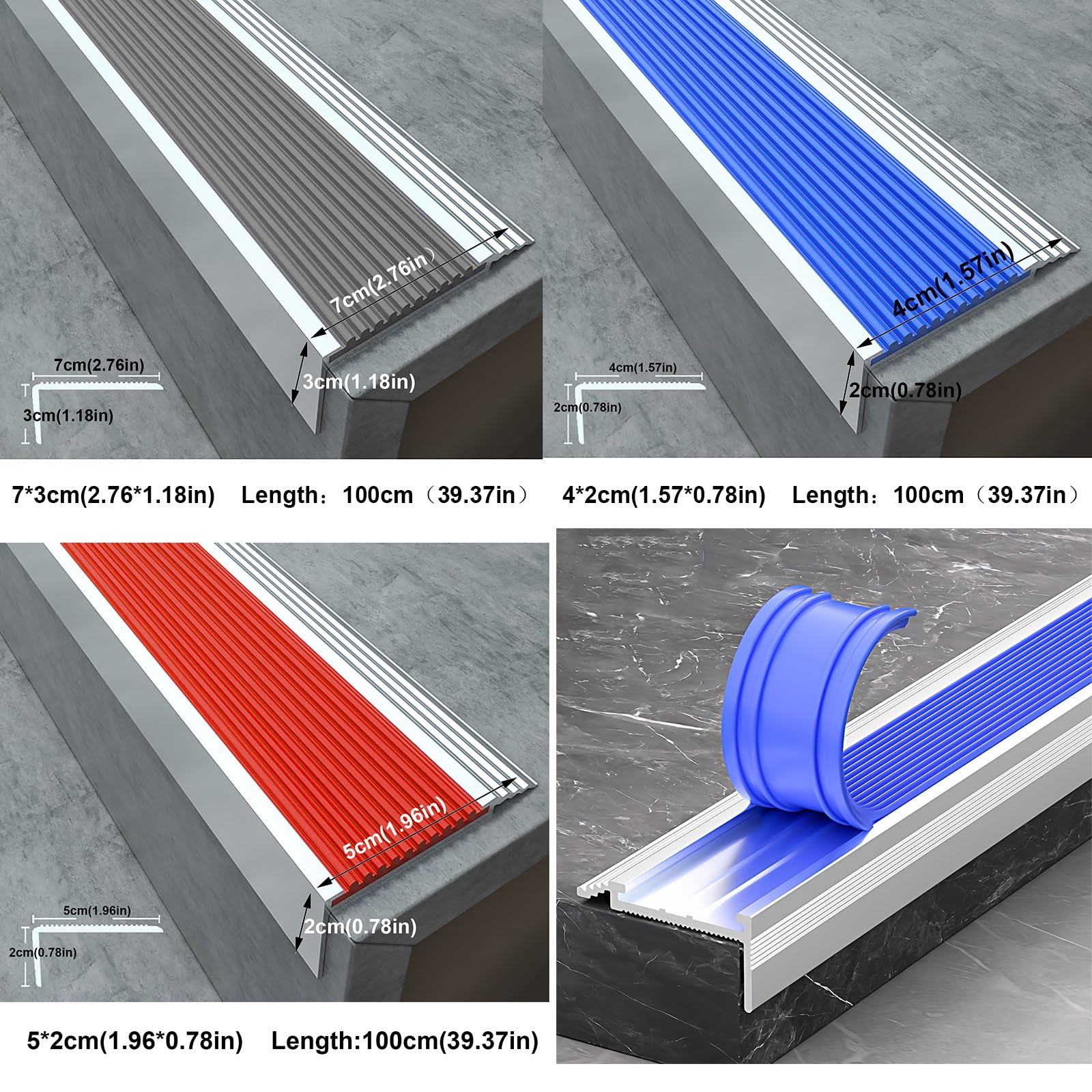 Protezione antiscivolo in gomma per gradini interni ed esterni, 2 x 7 x 3 cm, colore grigio