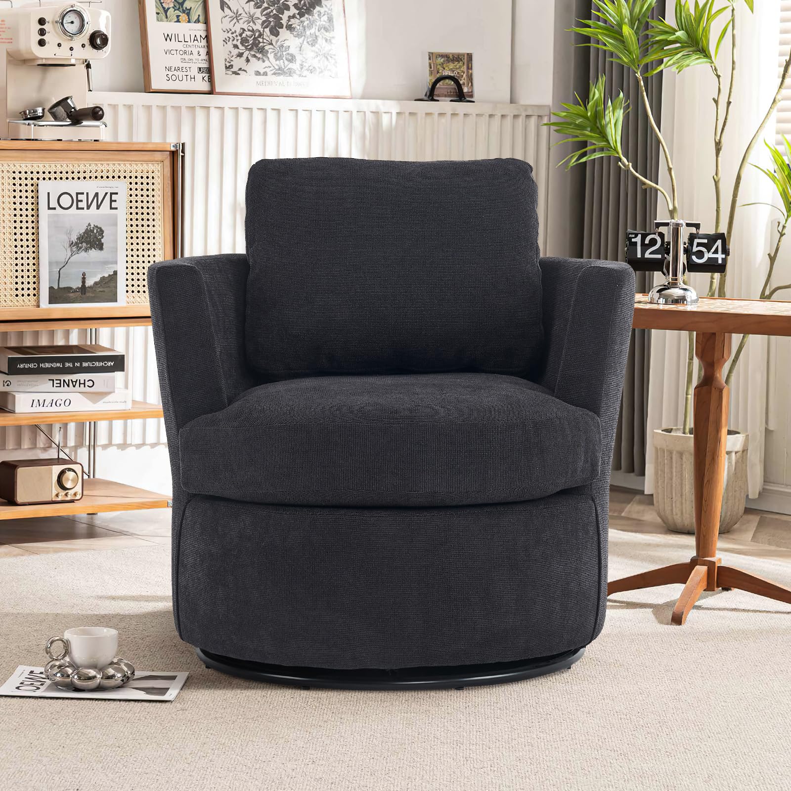 HommooSwivel Accent Chair Barrel Chair Comfy Upholstered Round Swivel Chair for Living Room Bedroom Modern Armchair with Back Cushion Oversized Chair Black