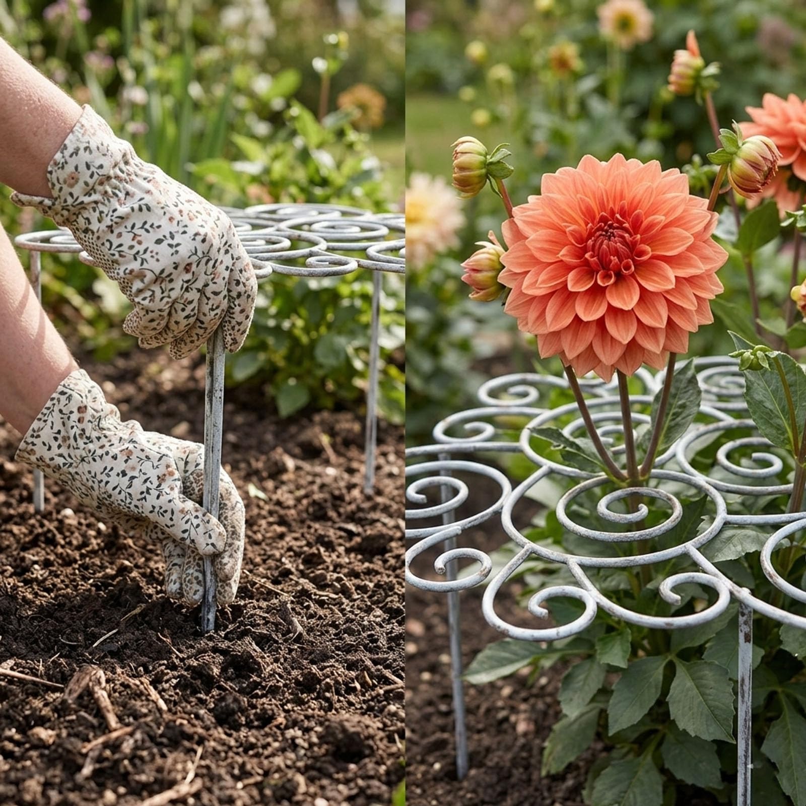 Anneau Support Plantes Métal Décoratif, Cage Fleurs Robustes Antirouille, Piquet Plante Empilable Croissance Traversante pour Pivoines Dahlias, Support Croissance Verticale (S(2PCS))