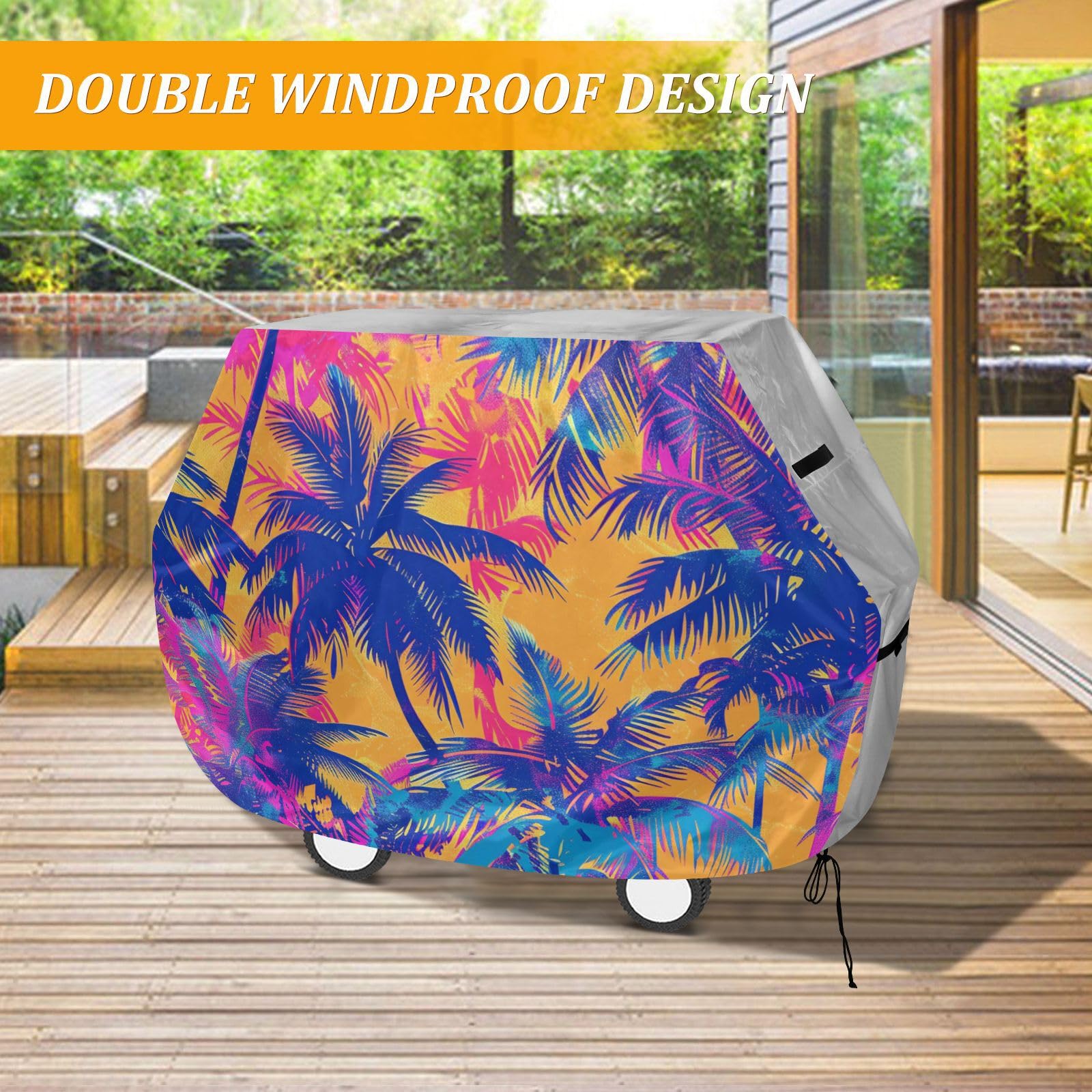 Plaża kurort styl fluorescencyjne klosze pokrowiec na grilla 150 cm wodoodporny wytrzymały odporny na rozdarcie odporny na blaknięcie materiał pokrowiec na grilla z regulowanym sznurkiem dla kurzu i