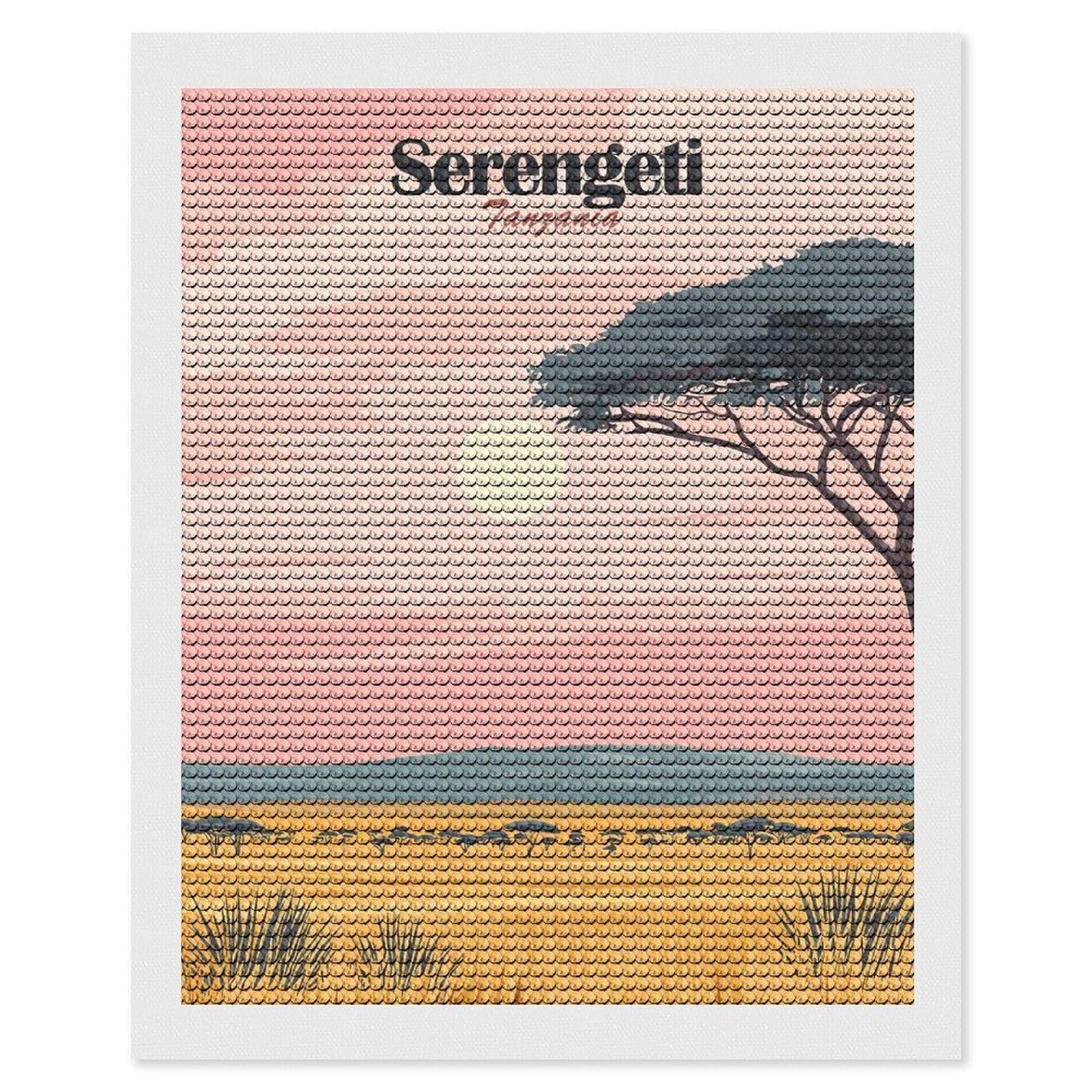 Junmoney Serengeti Tanzania Landscape Illustration Diamond Art Canvas 16"x20", for Adults, Pleasing Wall Art Project, Modern Decor, Gift Idea, Nice Detail and Sparkle