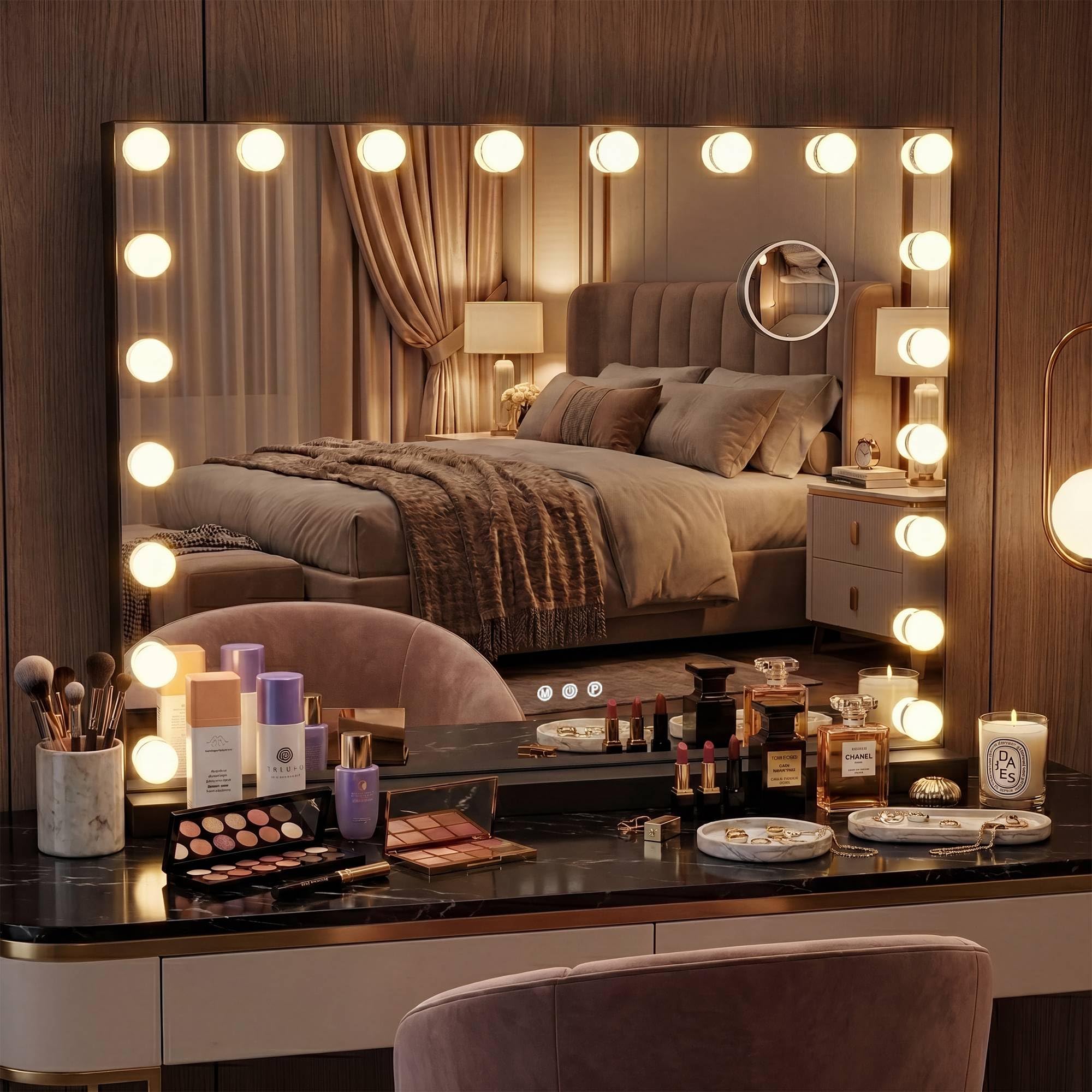 CLP Specchio Trucco Norlina 80x60 cm con Luci LED Dimmerabili, 3 Modalita di Illuminazione e USB. Specchio Hollywood da Parete o da Tavolo, Colore:nero