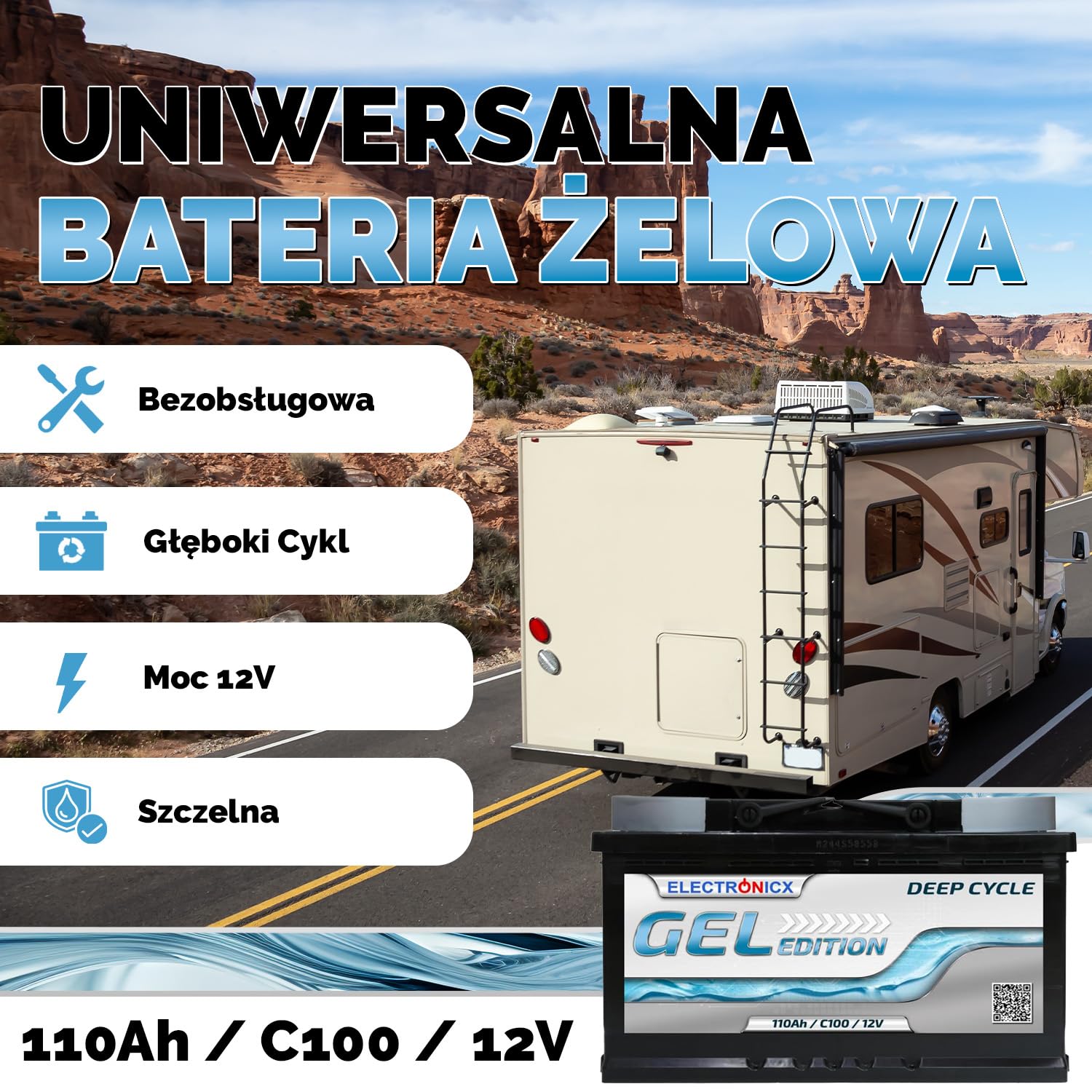 Electronicx GEL Akumulator zasilający 12V 110Ah – akumulator żelowy Deep Cycle 110Ah do kampera,łodzi i instalacji solarnych.Wymiary: 315×175×190 mm, napełniony i naładowany