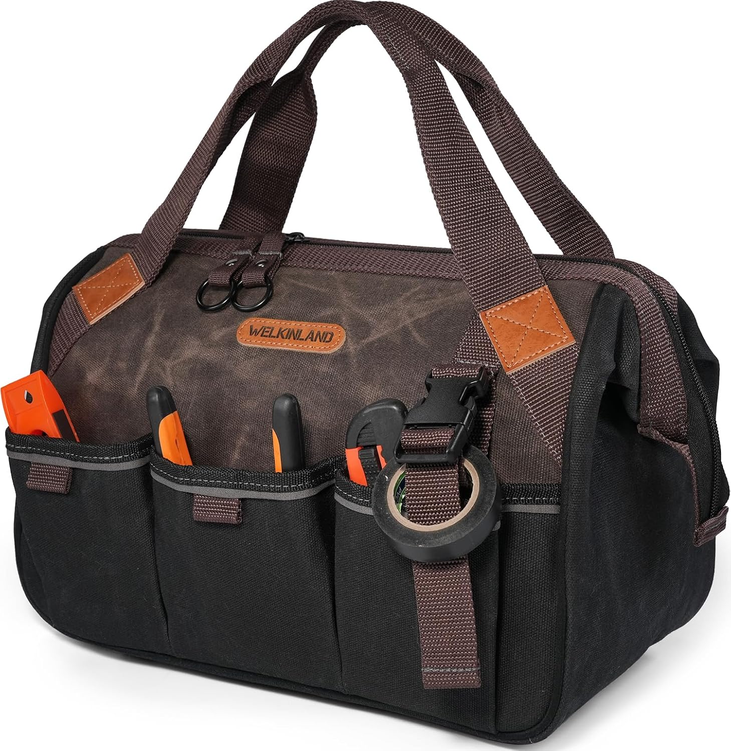 WELKINLAND 18 Pockets Electrician Tools Bag,14" Heavy Duty Plumber Tool Bags, Waxed Canvas Tools Bags, Large-Opening Tool Bags For Men, 25L Hand Tools Bag With Zipper