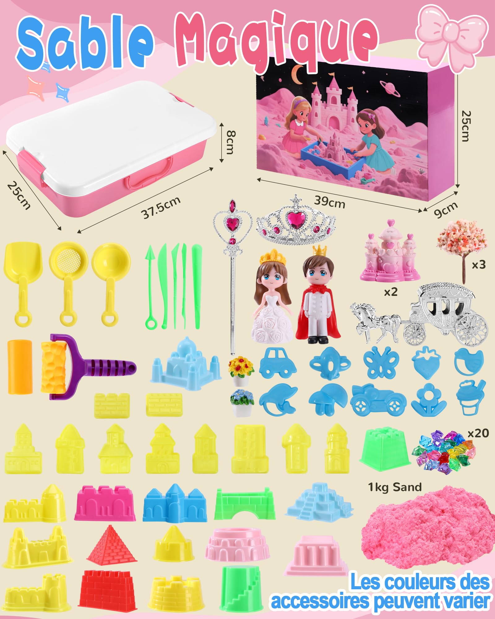 cycletour Sable Magique Série Château L'ensemble, Magic Sand Comprend 1 kg de Rose Super Sand, 1 Boîte de Rangement les 47 Types D'accessoires, Sable Magique Enfant 3 ans et Plus
