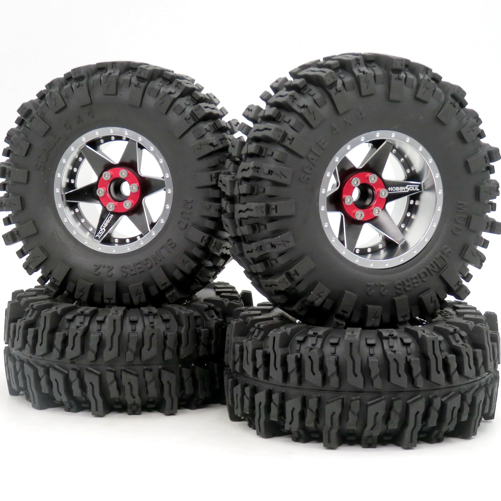 hobbysoul 4pcs 2.2 Mud Slingers Tires 124mm & 2.2 Beadlock Wheels Adjustable 4 Different Negative Offsets Rims 6 Spoke for RC Crawler Trail Gen8 Capra