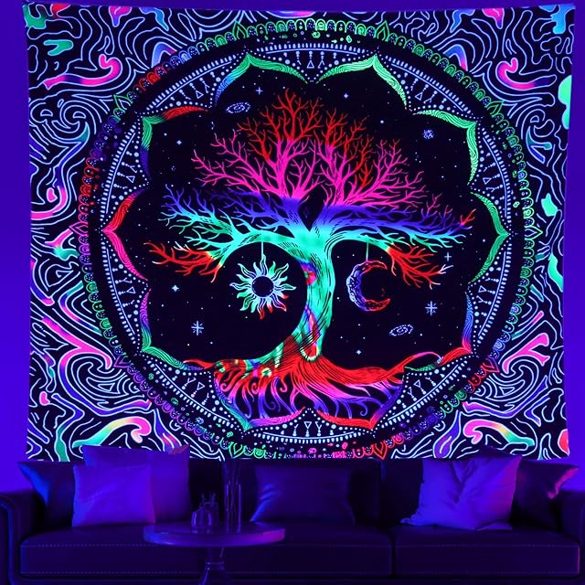 Simpkeely Blacklight Tree of Life Tapestry, Mandala Sun and Moon Tapestry Wall Hanging, Hippie UV Reactive Wall Decor for Bedroom - 130cm x 150cm