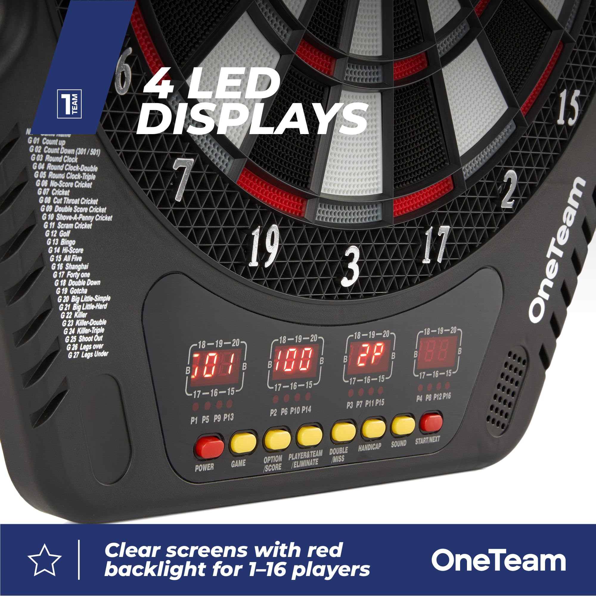 OneTeam TargetJoy Bersaglio elettronico da 35 cm, 27 giochi/243 varianti, 4 indicatori LED, 16 giocatori, funzionamento a rete/batteria, 24 punte per freccette, Master in/out, modalità audio