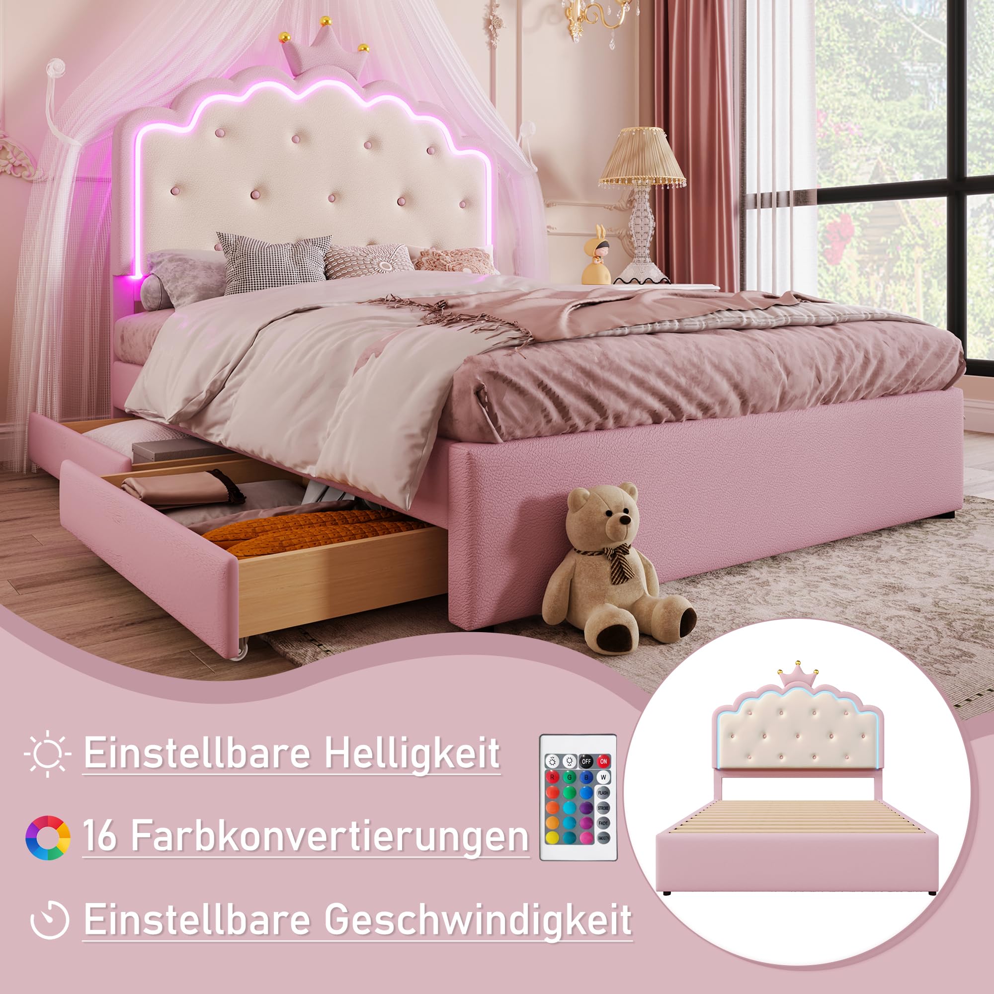 Luxeza Polsterbett 90x200cm Rosa - Mit LED-Licht & Hydraulischem Stauraum
