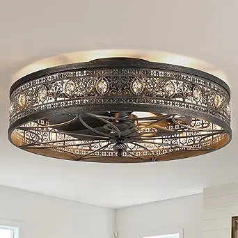 24" Caged Ceiling Fan with Lights and Remote, Flush Mount Enclosed Ceiling Fan, Vintage Victorian Crystal Fandelier Style, Luxury Art Deco Low Profile Fan for Living Room, Dining Room, Large Bedrooms