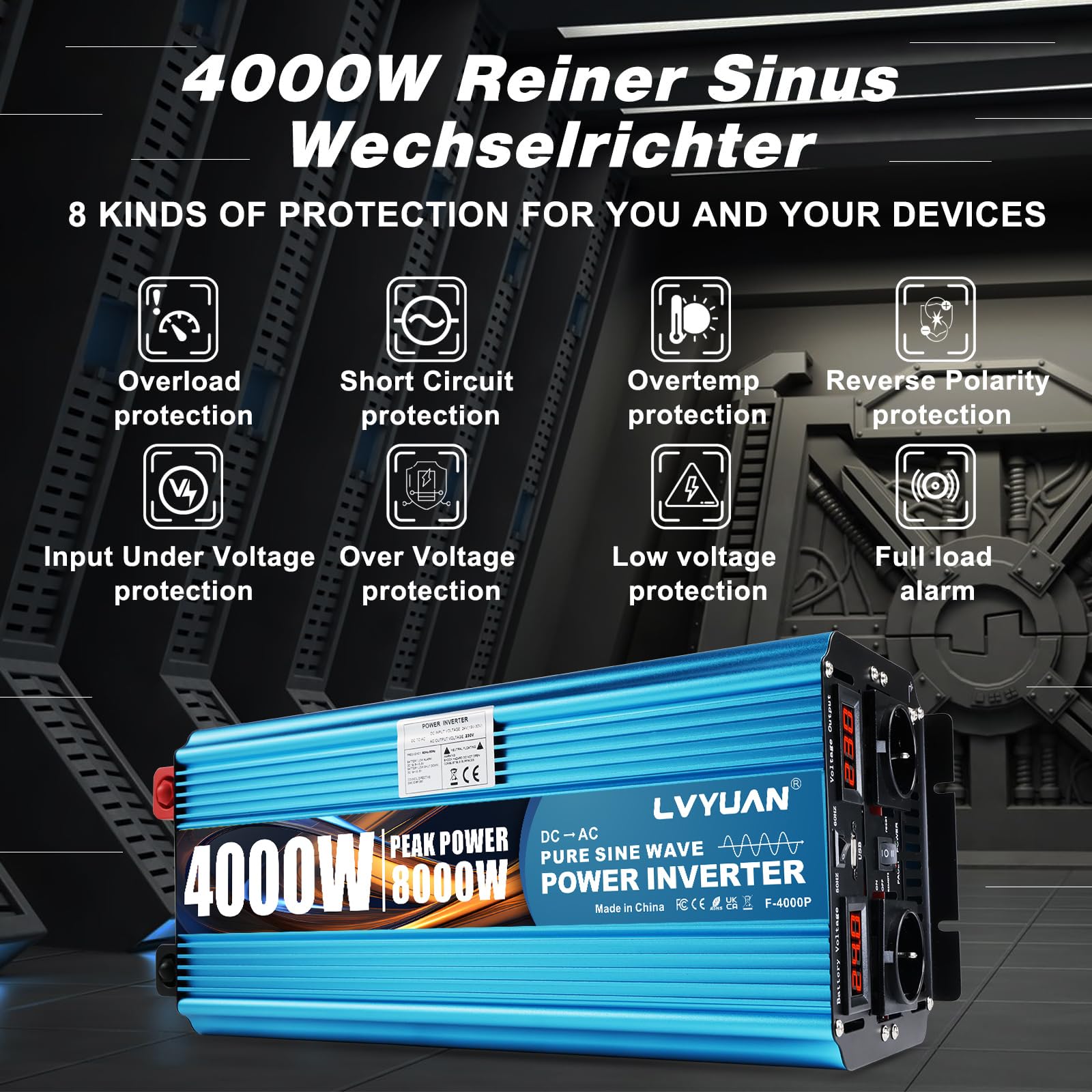 LVYUAN Convertidor 24 V 220 V 4000 W/8000 W Puro sinusal inversor Transformador-2 enchufes EU AC, USB, Mando a Distancia inalámbrico y Pantalla LED para Sistemas solares, Coches, Camping, Viajes