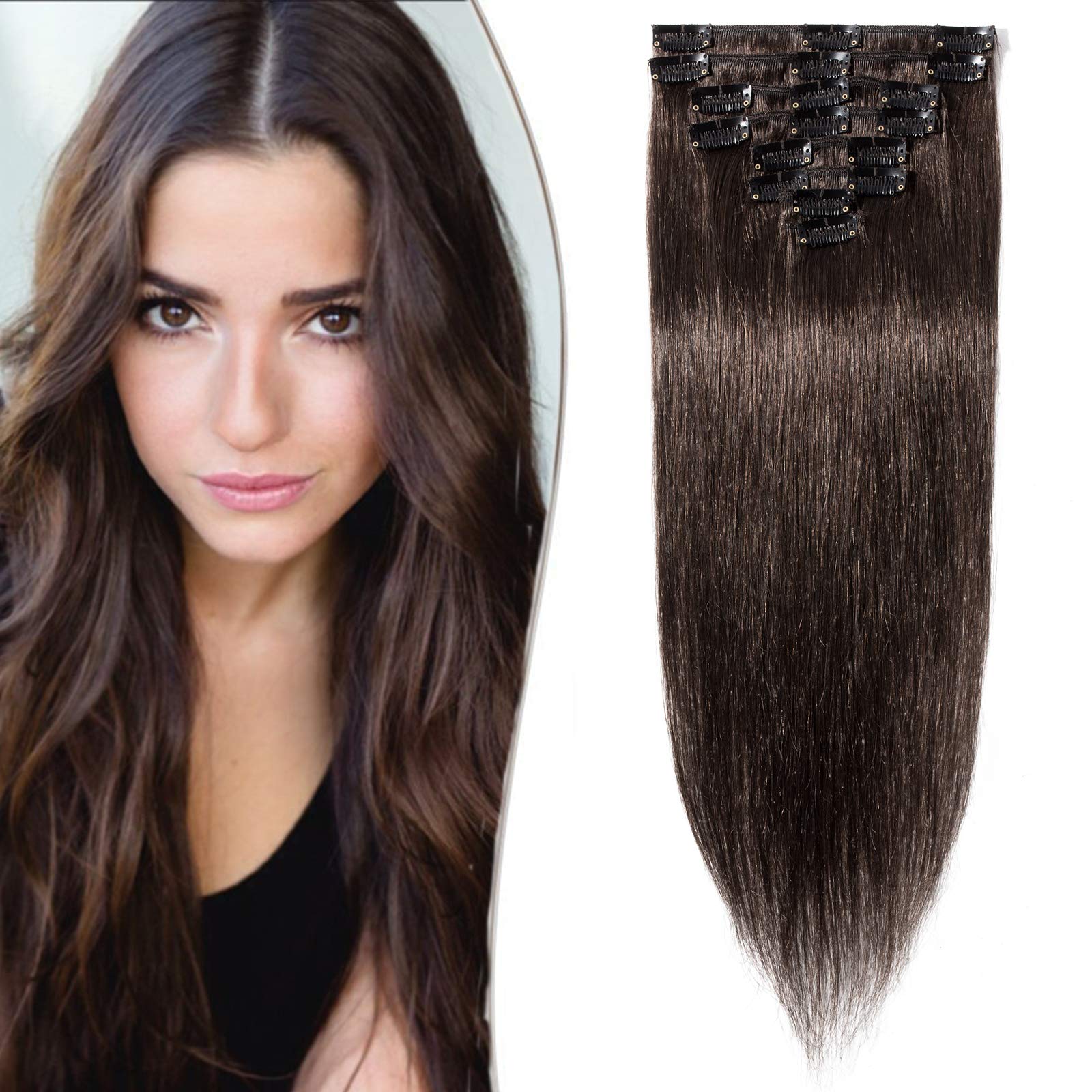 SEGO Extension per capelli naturali clip 8 pezzi – veri capelli umani basic spessore – estensione a clip per capelli naturali aggiunta capelli clip meche economici – 40 cm 02#castano scuro