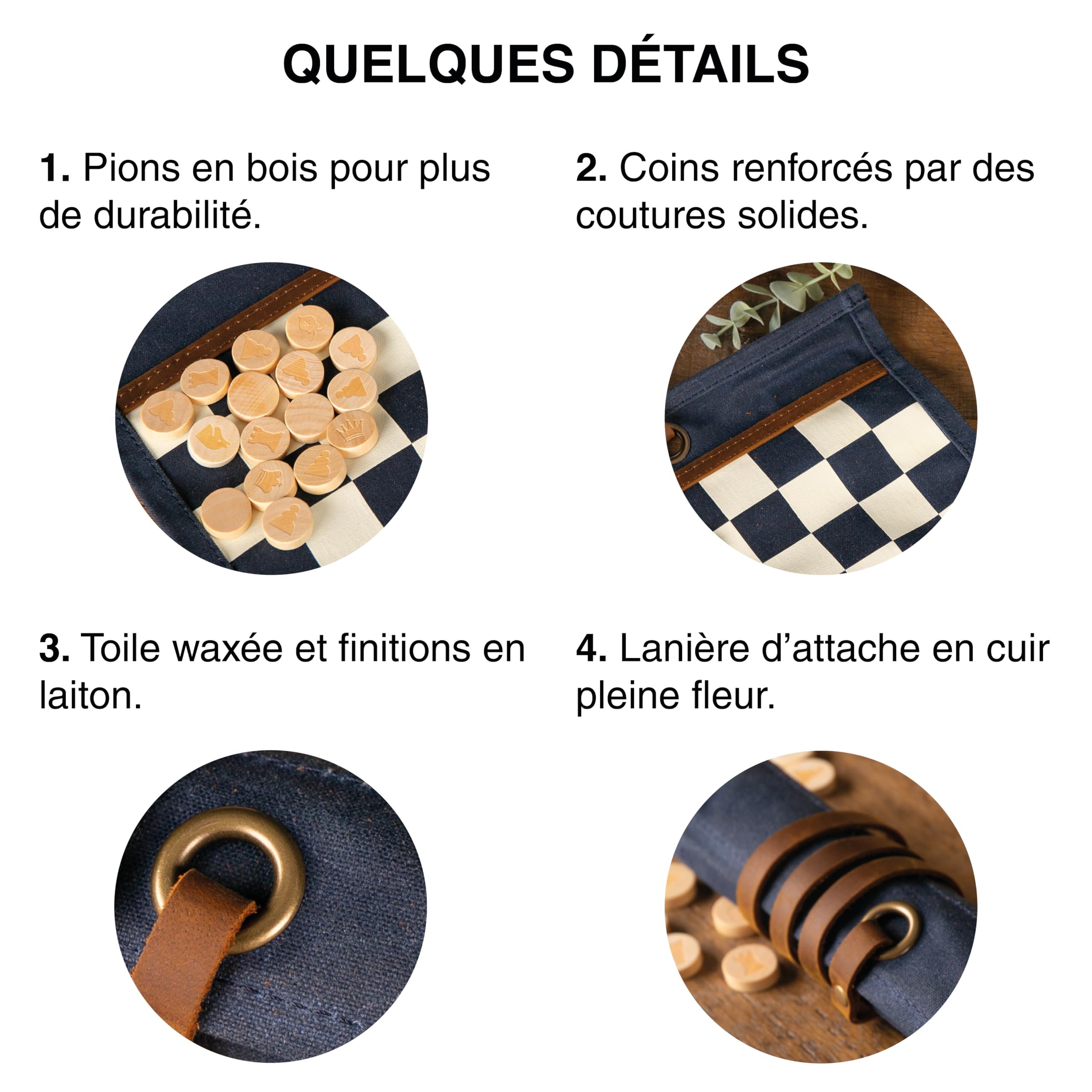 Alaskan MAKER - Juego de ajedrez y mujer 2 en 1 - Alfombra de lona waxee enrollable - Peones de madera - Cordón de cuero de grano completo - Ideal para viajar y jugar en cualquier lugar (azul marino)