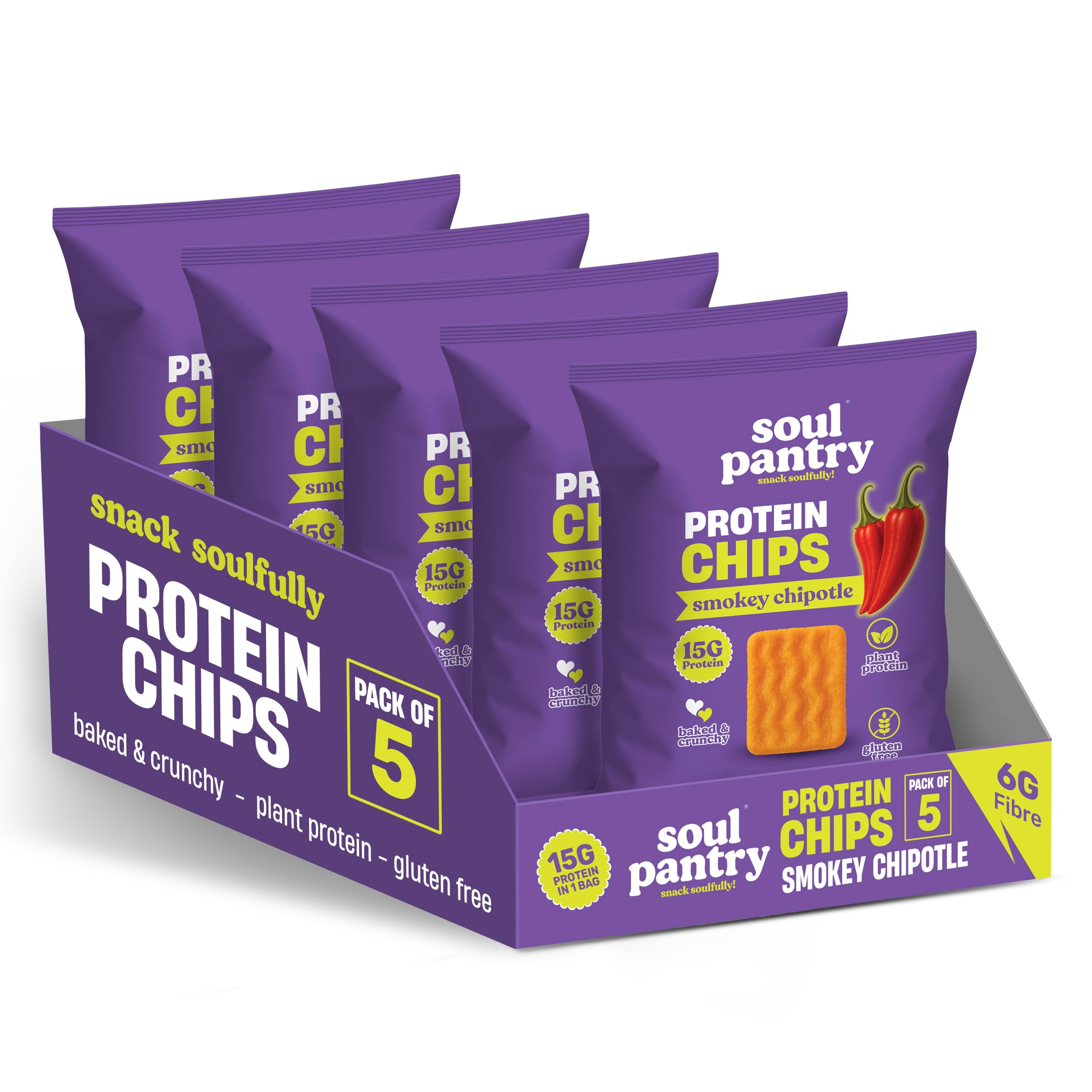 Soul Pantry Protein Chips – Smokey Chipotle Flavor - 5 Pack | High Protein, Gluten Free, Vegan, Healthy Snack | Plant-Based Baked Chips, Non-GMO |