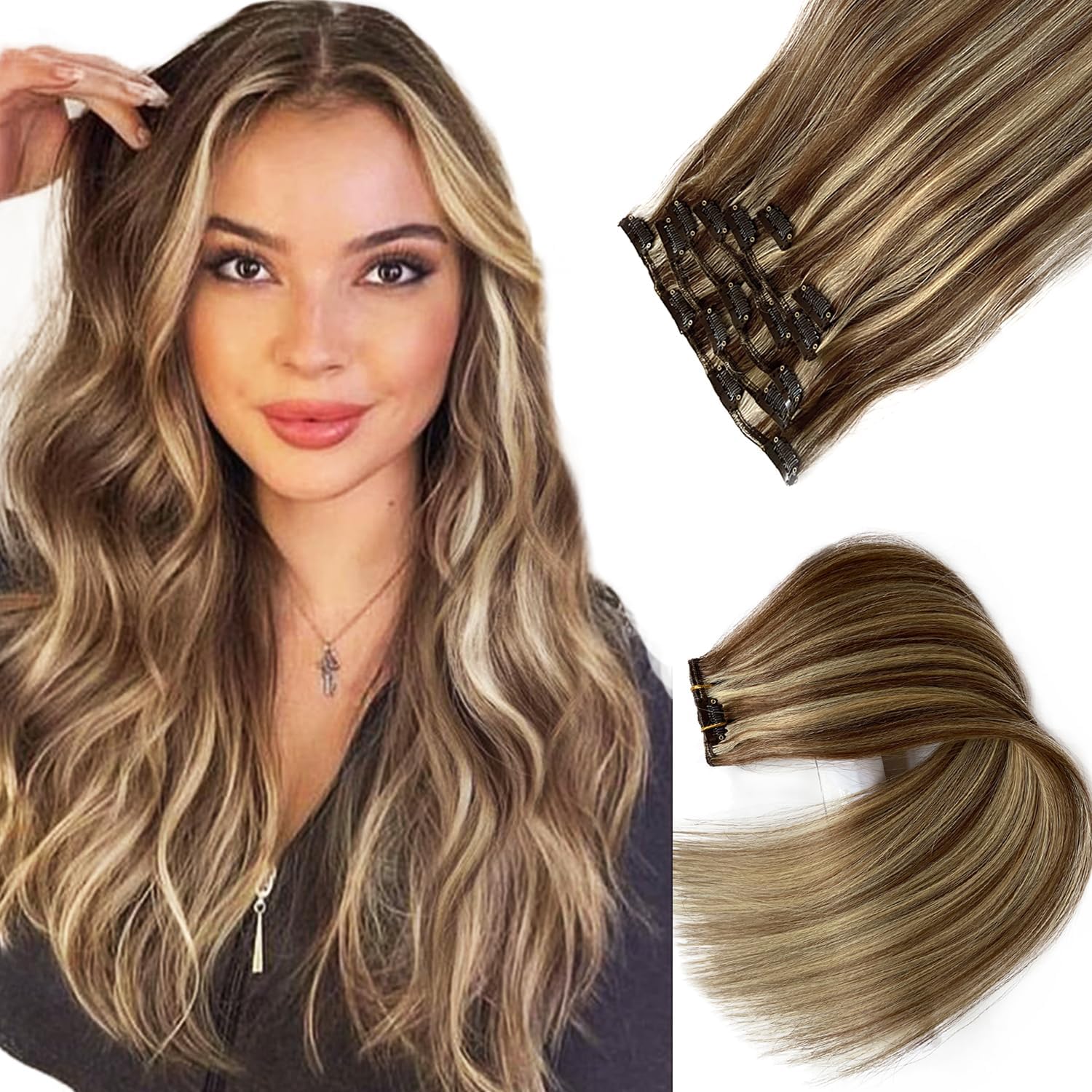 Hair Extensions Clip in Human Hair, Chestnut Brown and Blonde Highlights Hair Extensions Real Human Hair Clip in Extensions,22 Inch 7 Pcs Double Weft Remy Human Hair Extensions Clip ins 70G for Women