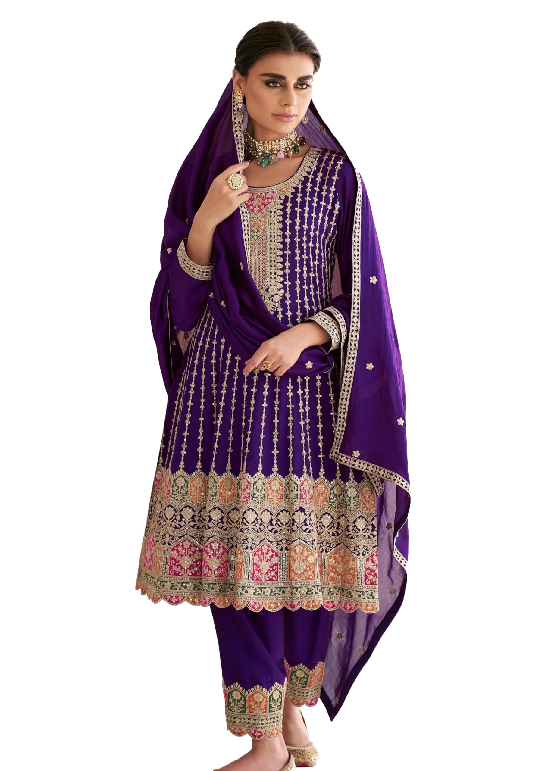 Miss Ethnik Women's Purple Color Chinon Readymade Embroidered Designer Kurta Patiyala Palazzo Set With Embroidered Dupatta (ME-1139-Purple)