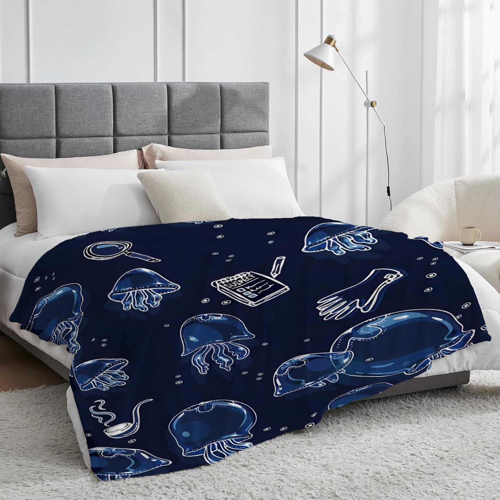 Qualle Przytulny koc, w stylu detektywistycznym, koc polarowy z mikrofibry, przytulny, nadaje się do salonu i sypialni, dekoracja domu, 220 x 240 cm