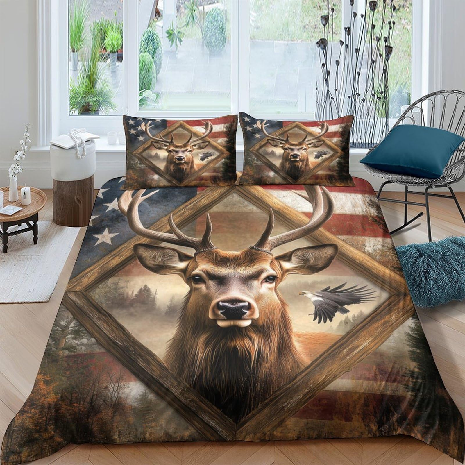 Ctjqhvkz Style-4 3D Printed Deer Antler Fitted Sheet Microfiber Soft Forest American Flag Bed Cover For Bedroom Dorm Mattress Decor Single（135X200cm）