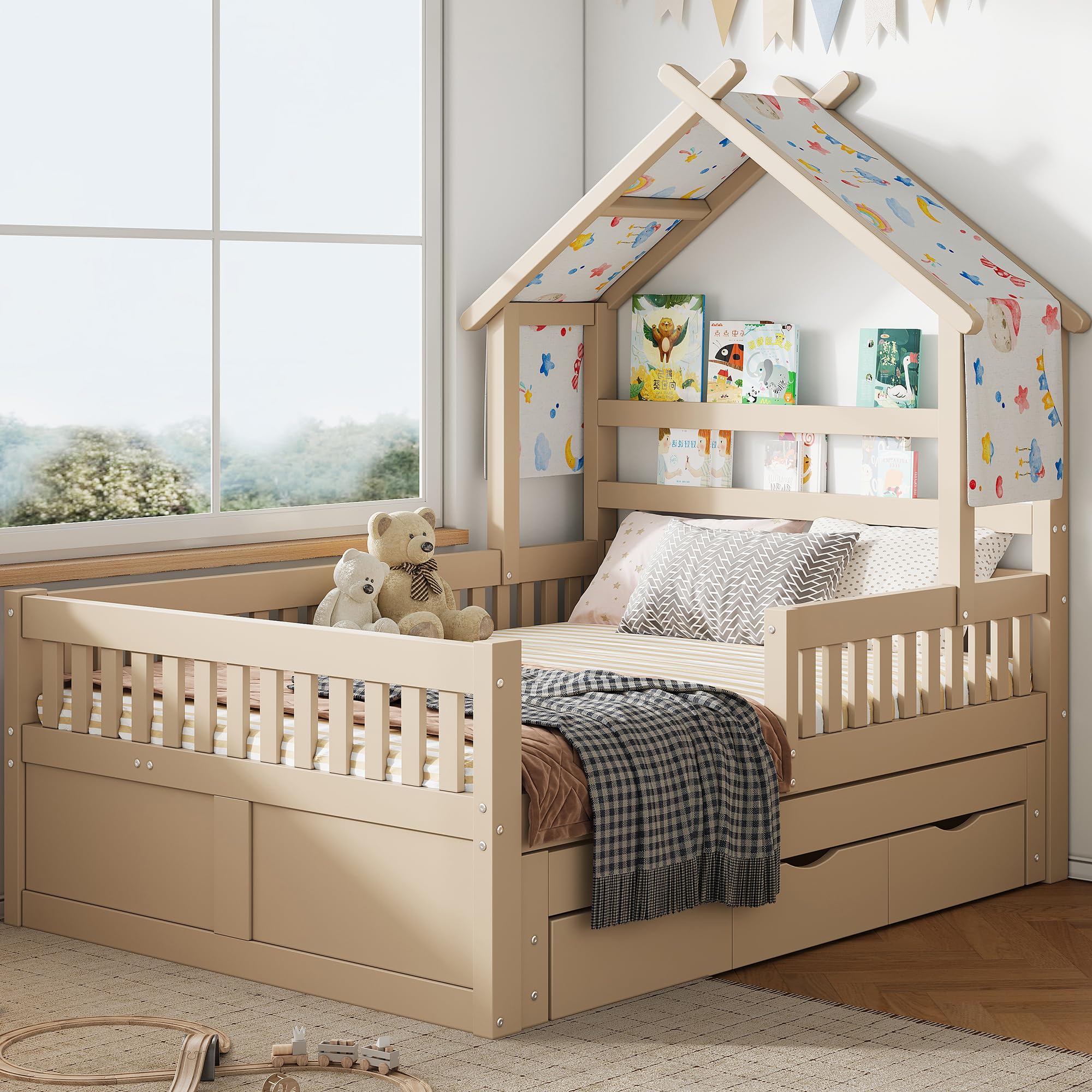 Sapgaks Lit Enfant en Bois 140 x 200 avec lit gigogne 90x190,3 tiroirs et barrières de sécurité,lit cabane Enfants,Cadre de lit 140 x 200 avec sommier à Lattes (C-Jaune Clair 140x200)