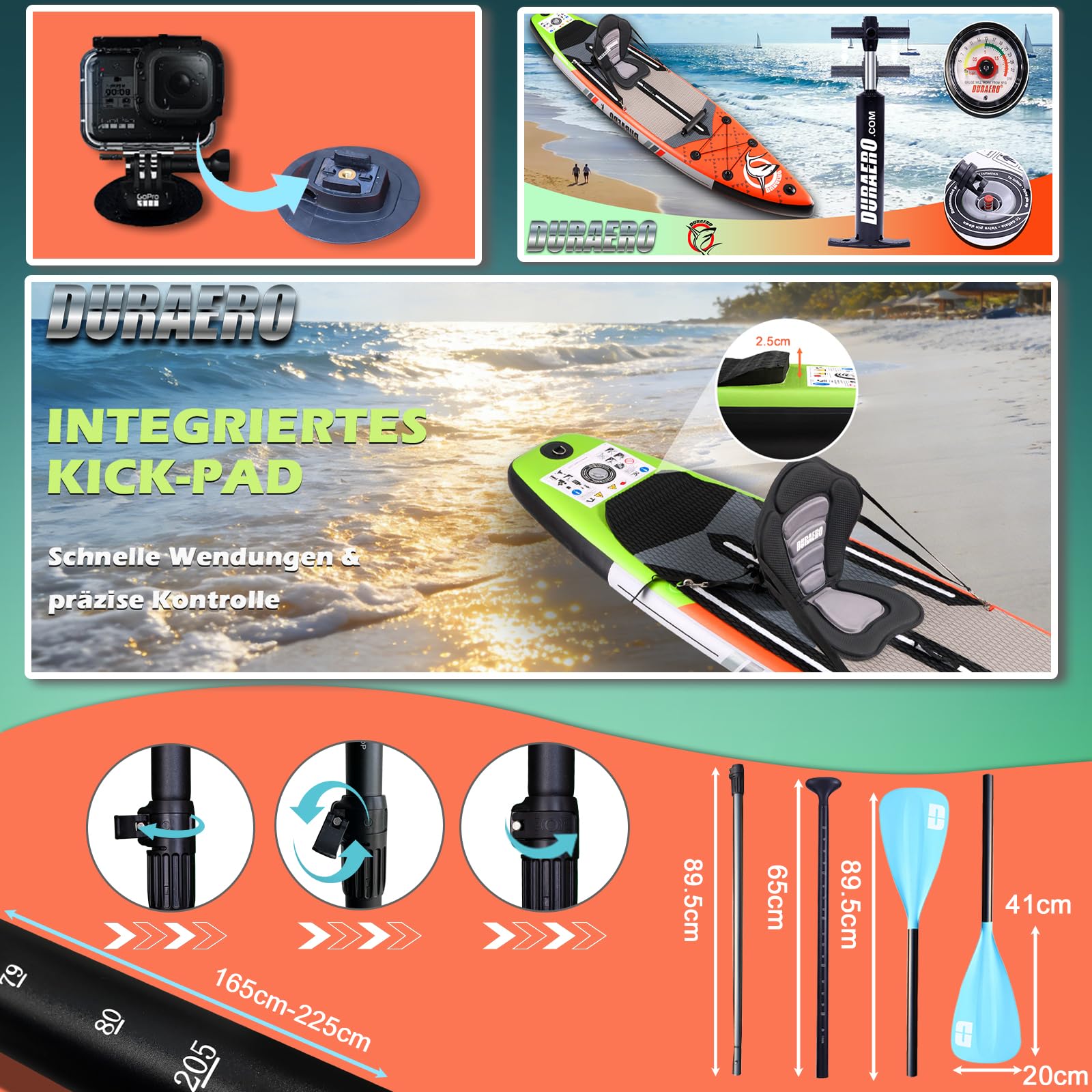 Stand up Paddle Board Aufblasbare SUP Board Set, 330x76x15cm, 3 abnehmbare Flosse, Kajak Sitz, Verstellbares Doppel-Paddel, Cam Halterung, Komplettes Zubehör, Tragkraft bis 150kg, Rot