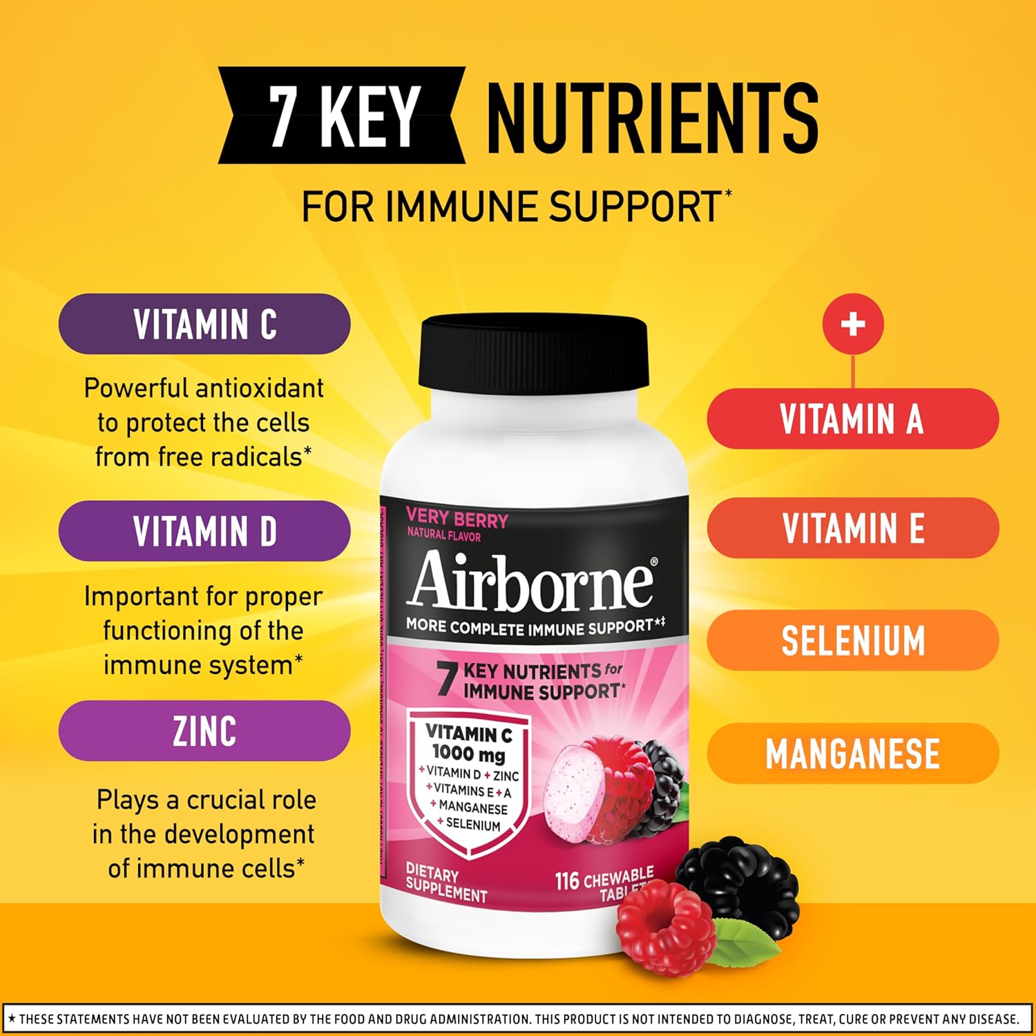 Airborne Vitamin C 1000mg (per Serving) - Very Berry Chewable Tablets (116 Count in a Bottle), Gluten-Free Immune Support Supplement, with Vitamins A C E, Zinc, Selenium, Ginger, Antioxidants - Image 3