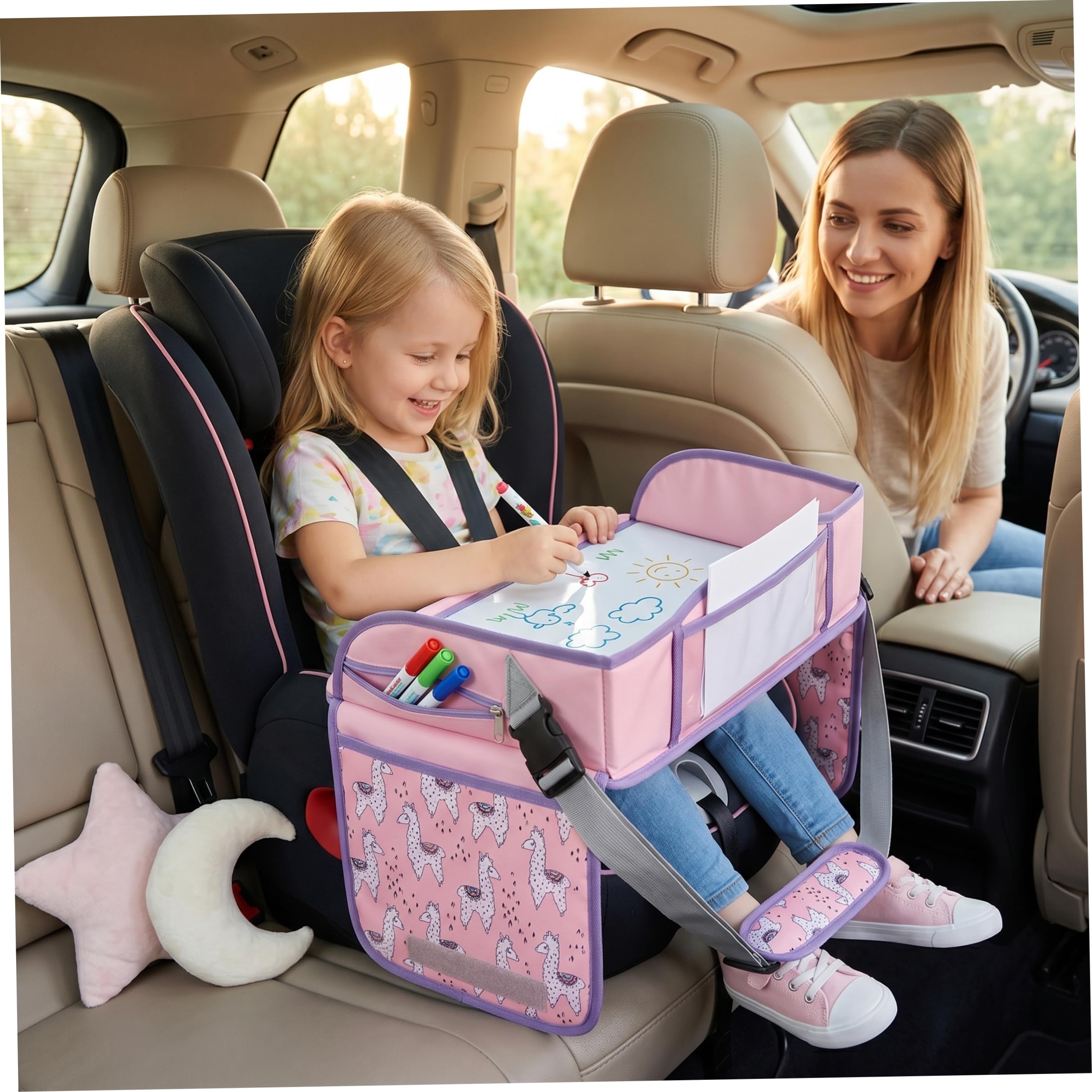 Vassoio da Viaggio per seggiolino Auto per Bambini, Vassoio da Viaggio per Bambini con Cinghie di Sicurezza e Tasche portaoggetti, seggiolino Auto per Disegno e intrattenimento in Movimento