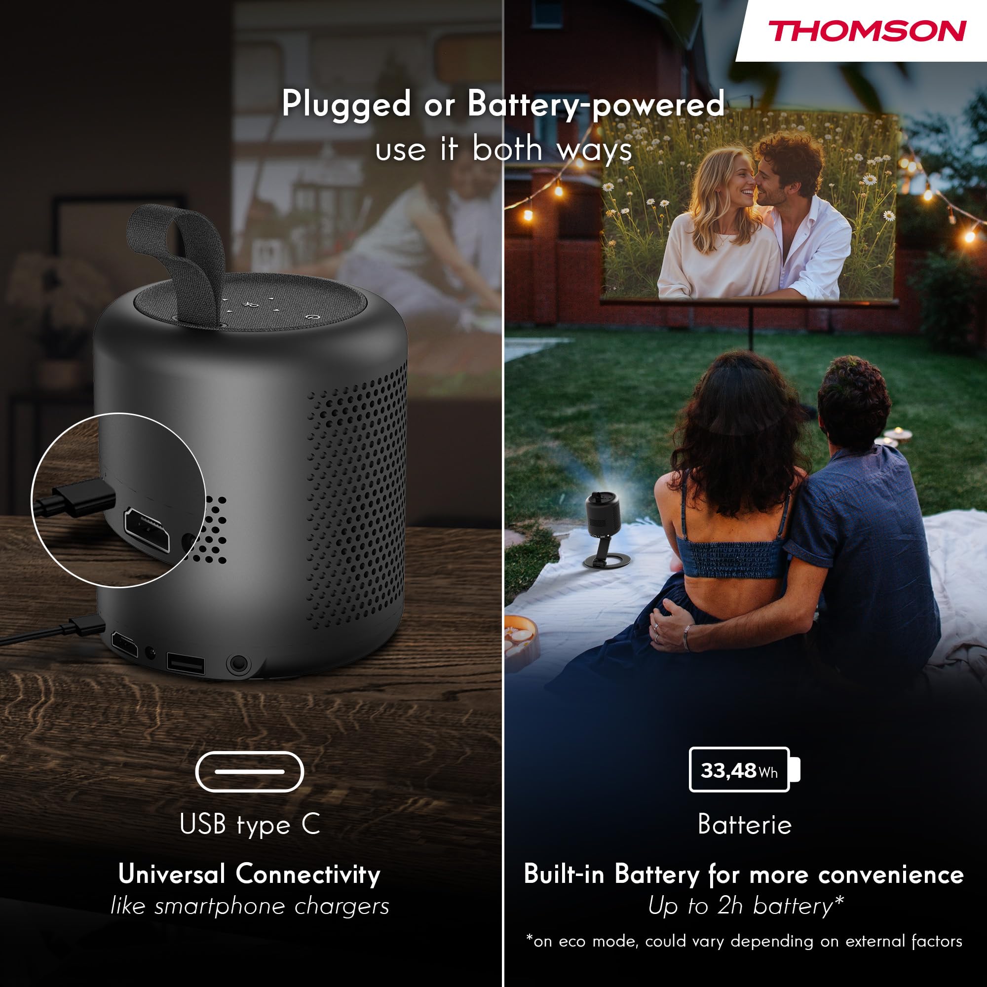 Thomson Vega PG35B Tragbarer Full HD Beamer, Smart LED Projektor mit Google TV, integriertem Akku, 350 ANSI Lumen, Autofokus, HDR10, Dolby Digital+, WiFi, Projektion an die Decke – Hartschalenkoffer