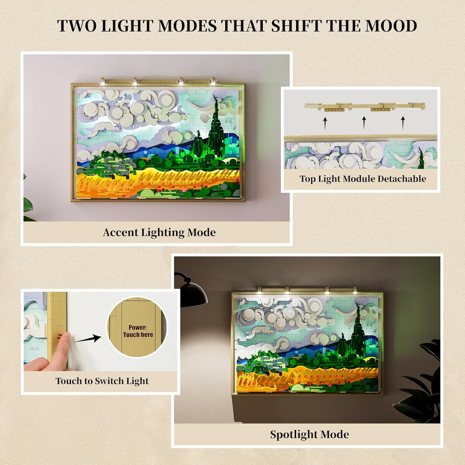 Wheat Field with Cypresses Building Blocks Set with Lights - 3D Wall Art Home & Office Decor - Gift for Adults & Visual Art Lovers